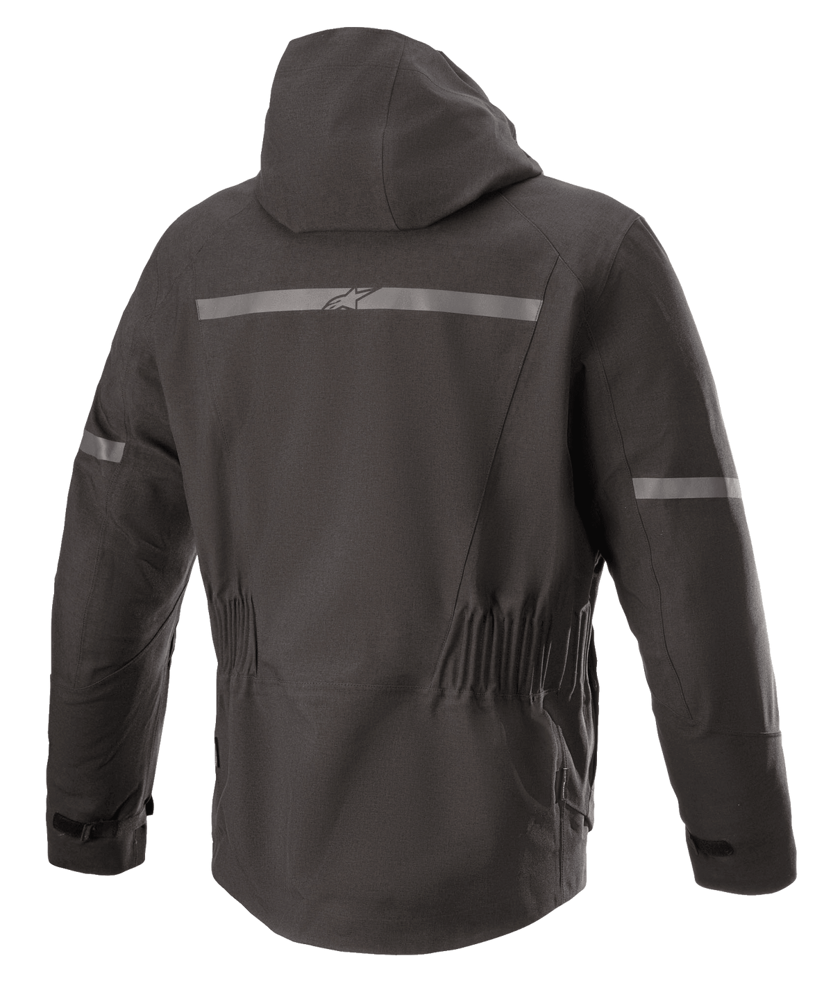 Alpinestars Sirius Drystar® Techshell Jacket, motorjas, Melange Black, achteraanzicht met geïntegreerde capuchon, reflecterende strip met Alpinestars-logo, elastische taille en verlengde achterkant voor extra dekking tijdens het rijden.