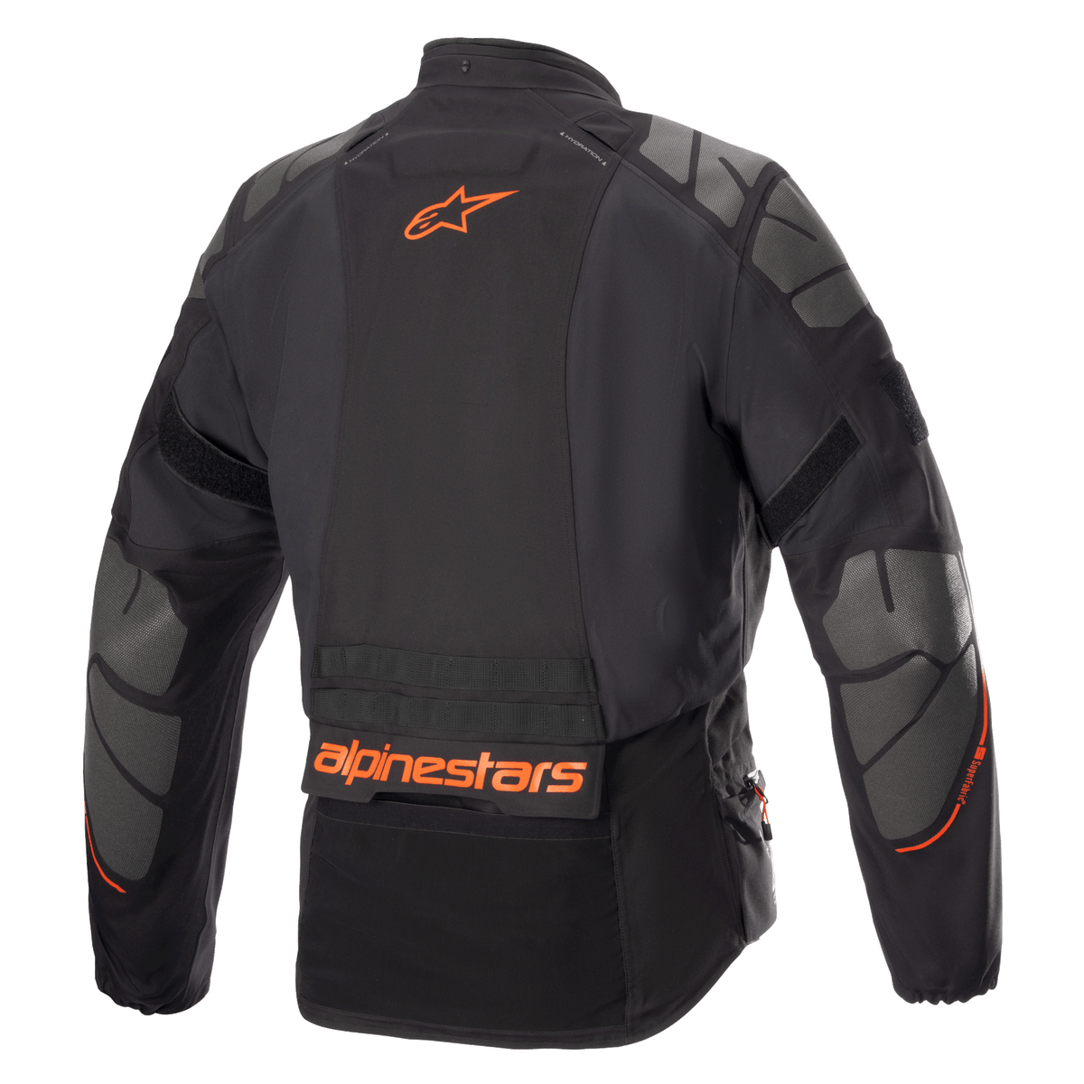 Alpinestars AMT-10R Drystar® XF Jas, adventure motorjas, zwart met oranje Alpinestars-logo en grijze Superfabric-panelen op schouders en ellebogen, achteraanzicht, technische meerseizoenen motoruitrusting