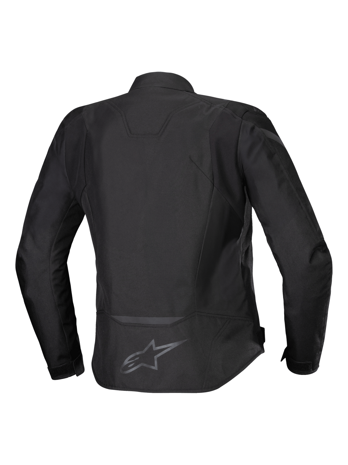 Alpinestars Stella T-Jaws V4 Waterproof Jacket, Women's Textile Motorcycle Jacket, Black on Black, rear view showing ergonomic sport silhouette, reflective detailing, and logo on the lower back.