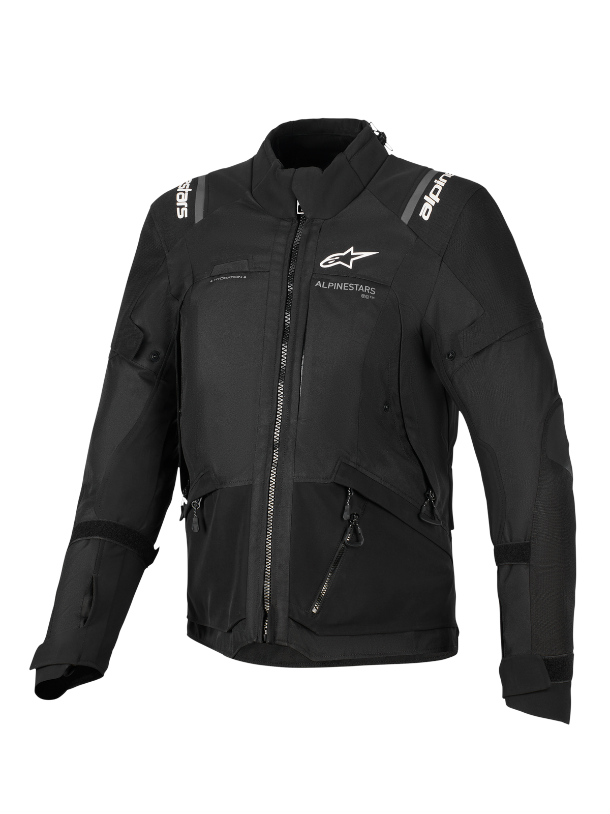 Alpinestars Stella Andes V4 Drystar® Jacke, Damen-Motorradjacke, Schwarz, Vorderansicht mit weißen Logos auf der Brust und den Schultern, Multi-Panel-Textildesign mit Reißverschlüssen und reflektierenden Details, Adventure-Touring-Stil