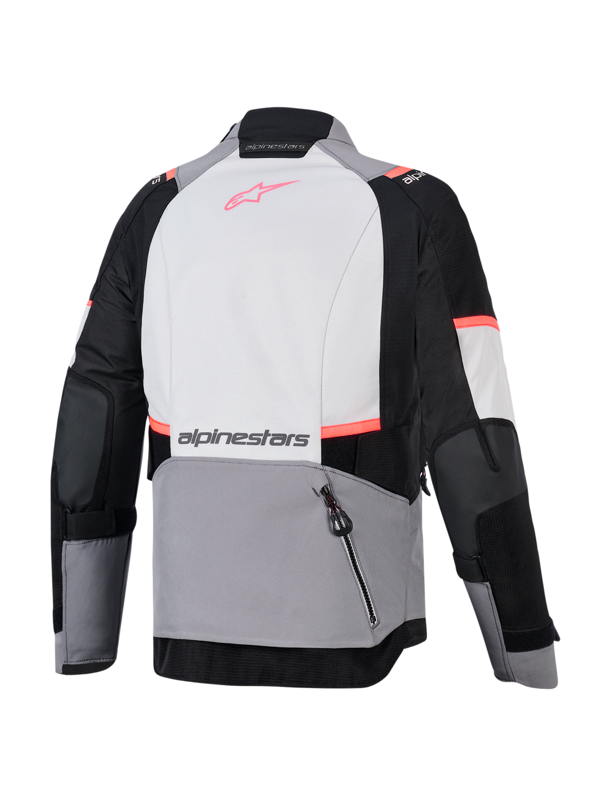 Stella Andes V4 Drystar Damen-Motorradjacke, Grau und Schwarz, Rückansicht mit großem hinterem Rückfach.