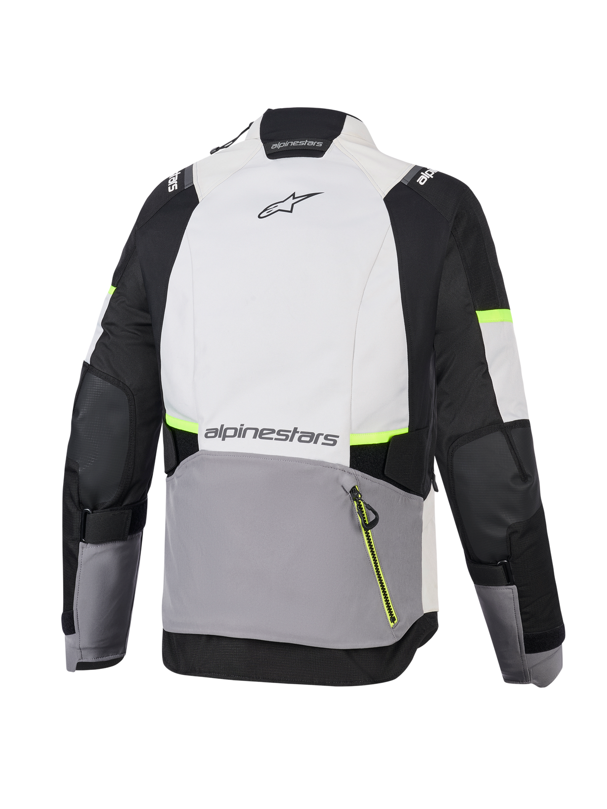 Alpinestars Stella Andes V4 Drystar® Jacke, Damen-Abenteuer-Motorradjacke, Eisgrau, Dunkelgrau und Schwarz mit neongelben Akzenten, Rückansicht mit großer Rückentasche und Alpinestars-Branding