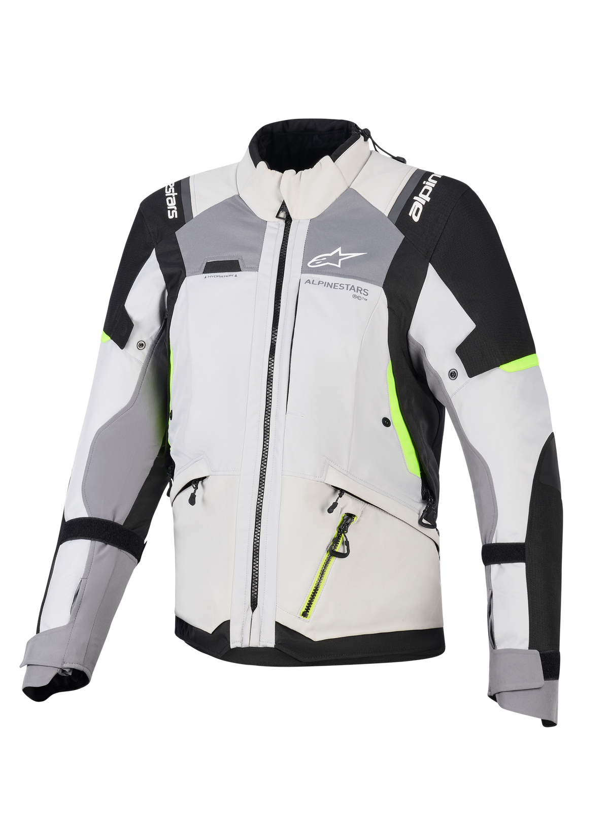 Alpinestars Stella Andes V4 Drystar® Damenjacke, Adventure-Tourenjacke für Damen, Eisgrau und Dunkelgrau mit schwarzen und neongelben Akzenten, strapazierfähige Textilkonstruktion mit wasserdichten Reißverschlüssen und Alpinestars-Branding, Vorderansicht