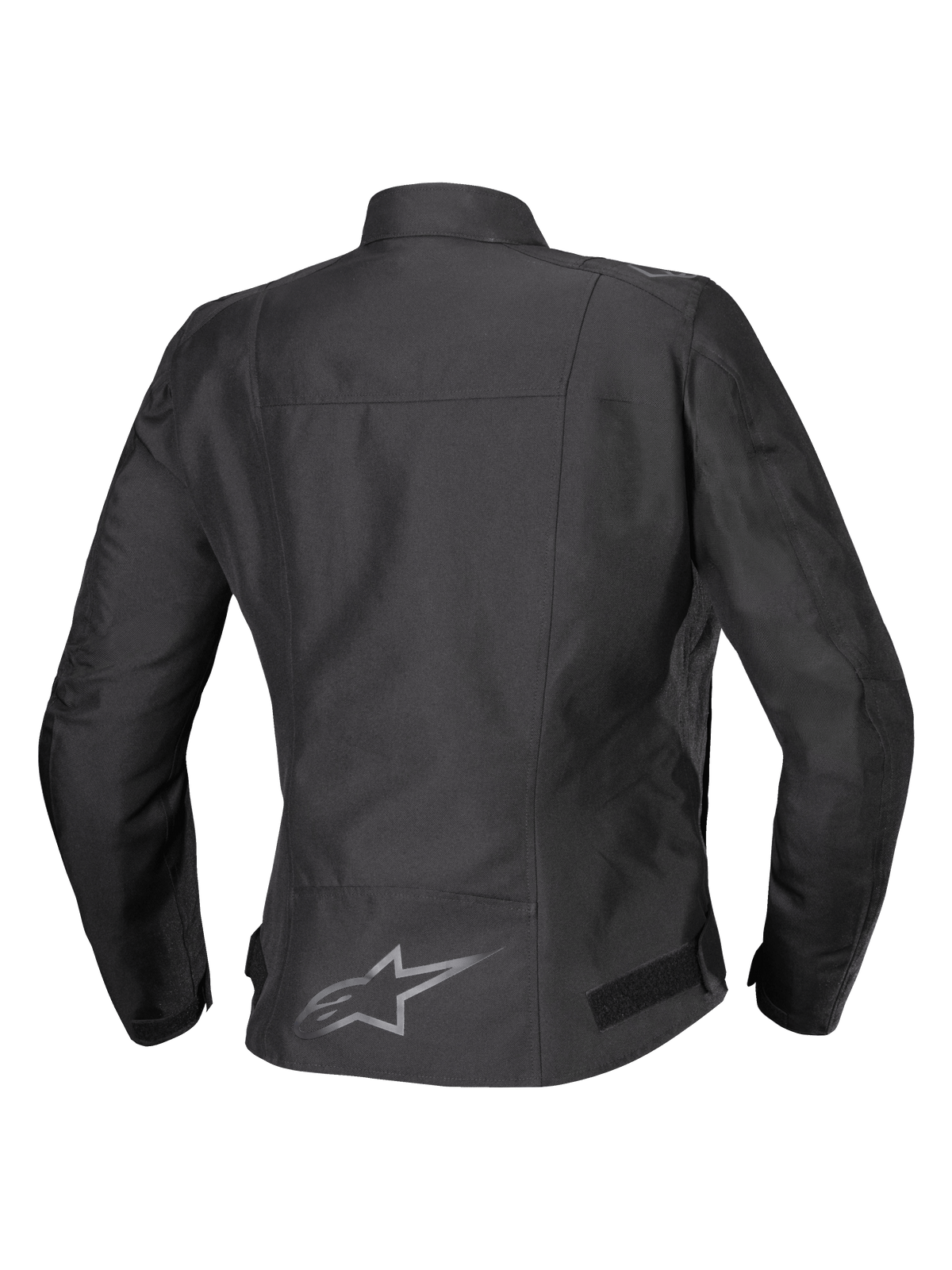 Veste imperméable Alpinestars Stella T-SPS V2, vue arrière, noire, veste de moto en textile pour femme dotée d'un logo réfléchissant dans le bas du dos et d'une silhouette sport profilée