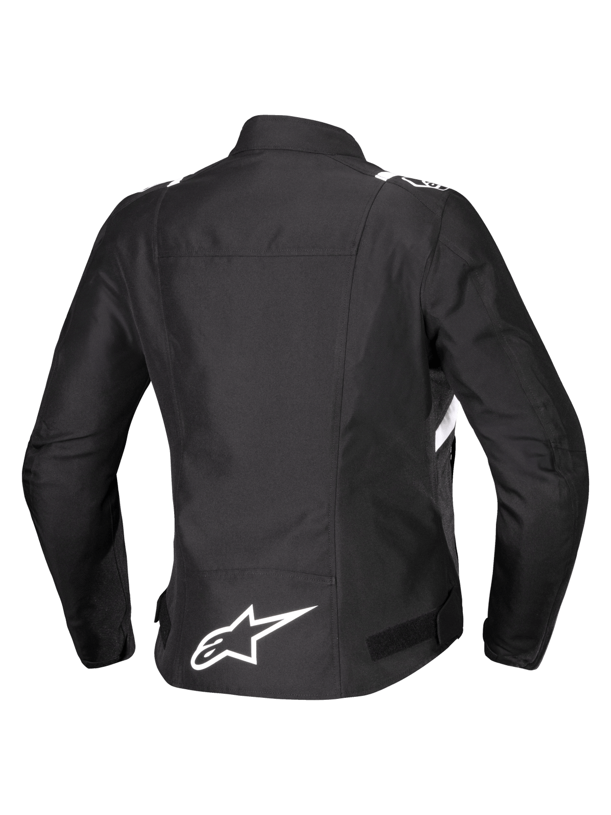 Alpinestars Stella T-SPS V2 Waterproof Jas, achteraanzicht, dames textiel motorjas, zwart met witte accenten, wit Alpinestars-sterlogo op de onderrug en sportief, op de racerij geïnspireerd silhouet