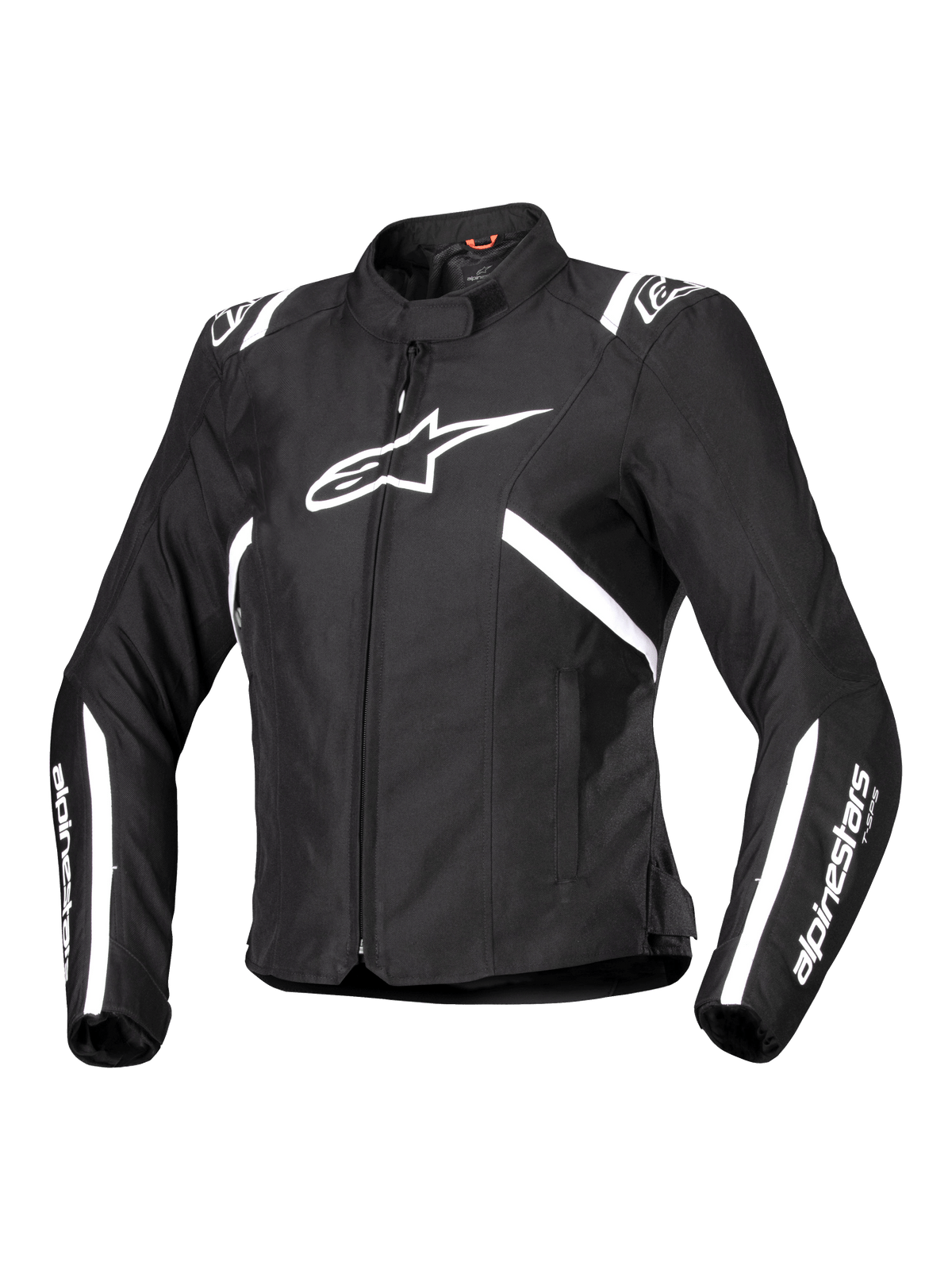 Alpinestars Stella T-SPS V2 waterdichte jas, dames motorjas, zwart en wit, met een groot wit sterlogo op de borst, witte strepen op de schouders en mouwen, strak race-geïnspireerd silhouet, hoge kraag en duurzame textielstof