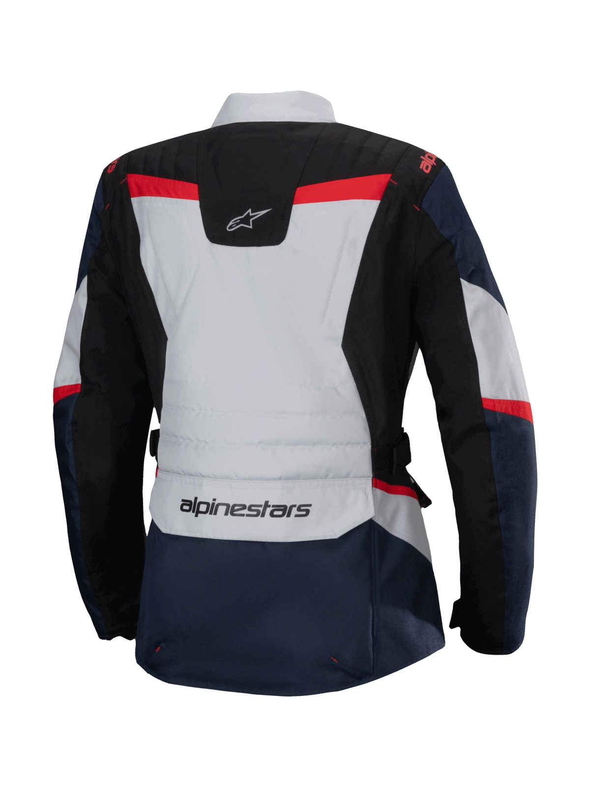 Veste imperméable Alpinestars Stella ST-1, vue arrière, bleu foncé et noir avec accents gris clair et rouge vif, veste de tourisme d'aventure pour femme avec logo Alpinestars et construction ergonomique.