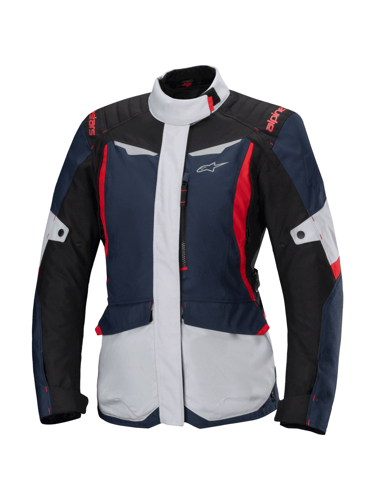 Alpinestars Stella ST-1 Waterproof Jacket, veste de moto de tourisme pour femme, bleu foncé, noir et rouge vif, avec empiècements gris clair, col haut, fermeture éclair frontale et design d'inspiration aventure aux formes angulaires et poches cargo