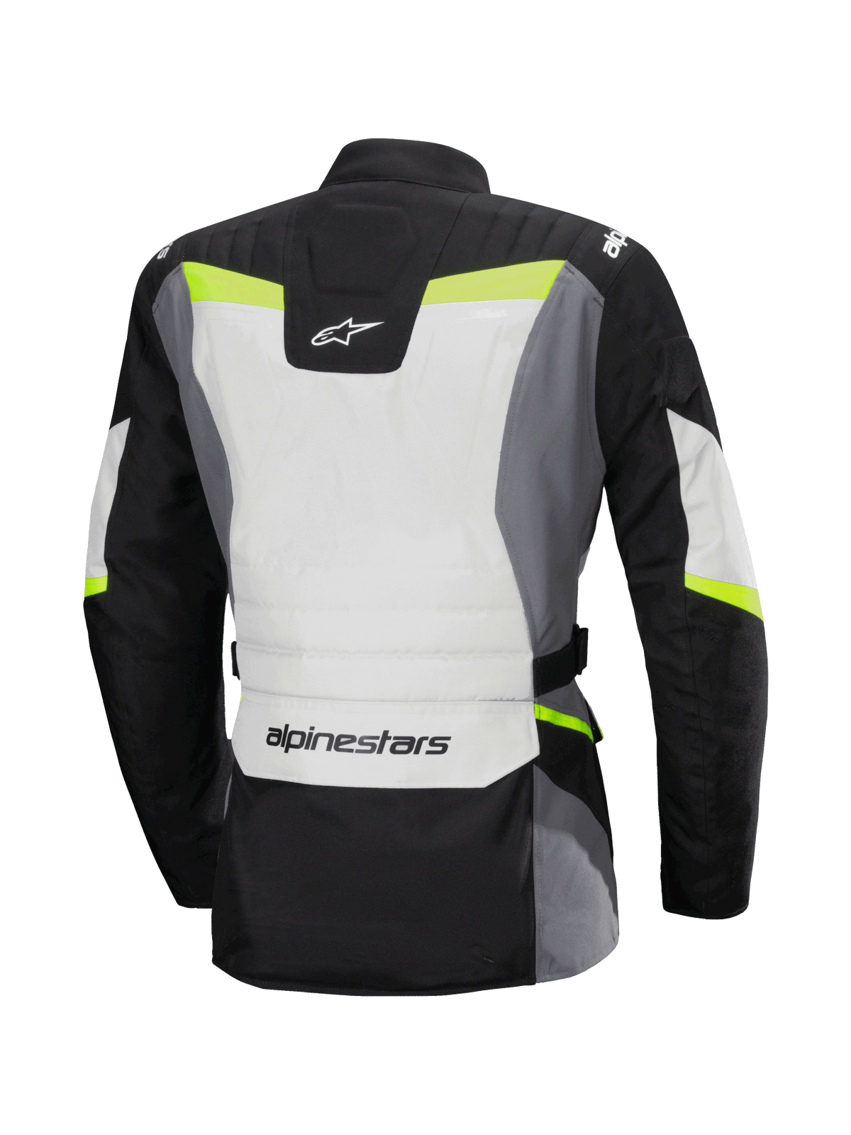 Veste imperméable Alpinestars Stella ST-1, vue arrière, veste de moto touring pour femme, gris glacé, noir et jaune fluo, logo Alpinestars sur le bas du dos et le haut du col, design touring aventure avec construction textile protectrice et accents fluorescents.