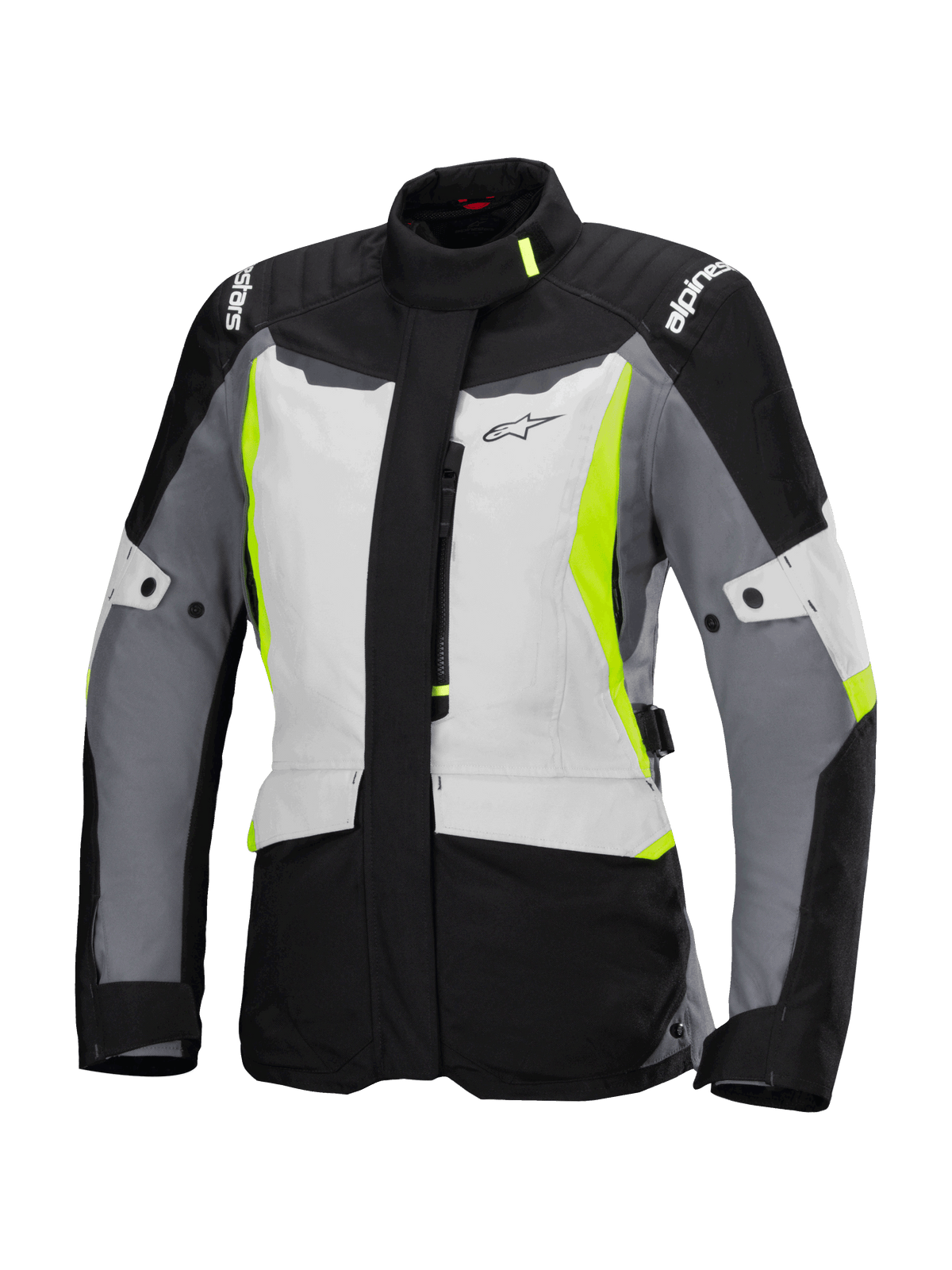 Veste Alpinestars Stella ST-1 Waterproof, veste de moto touring pour femme, gris glacé, noir et jaune fluo, dotée d'un col haut, d'une fermeture éclair frontale, d'épaules renforcées avec logo et de sangles de réglage à la taille, design inspiré du touring d'aventure