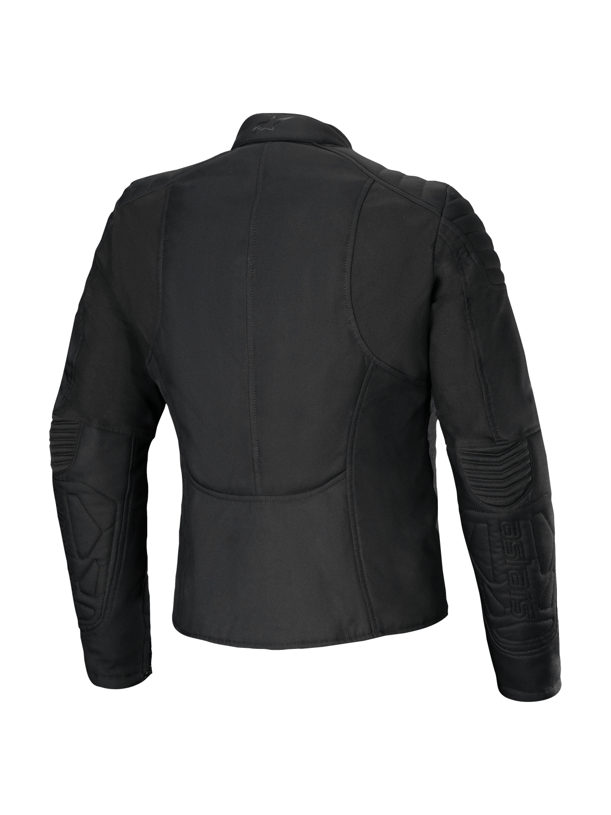 Alpinestars Isla WR Damesjas, achteraanzicht, zwart, slim fit urban motorjas met gewatteerde schouder- en onderarmdetails, mat afgewerkte waterafstotende stof, getailleerd vrouwelijk ontwerp met een verlengd rugprofiel voor rijcomfort