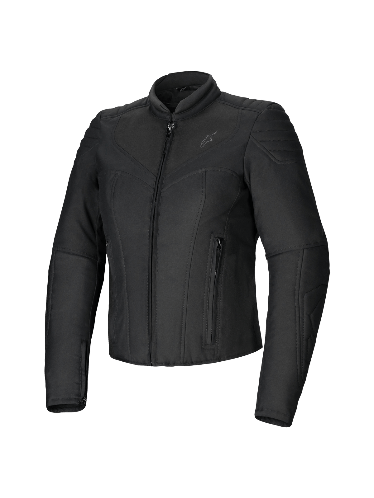 Alpinestars Isla WR damesjas, zwart, slim-fit textiel motorjas, matte afwerking met gewatteerde accenten op de schouders en onderarmen, ritssluiting aan de voorzijde, twee ritszakken, hoge motorkraag, eigentijdse urban motorkleding