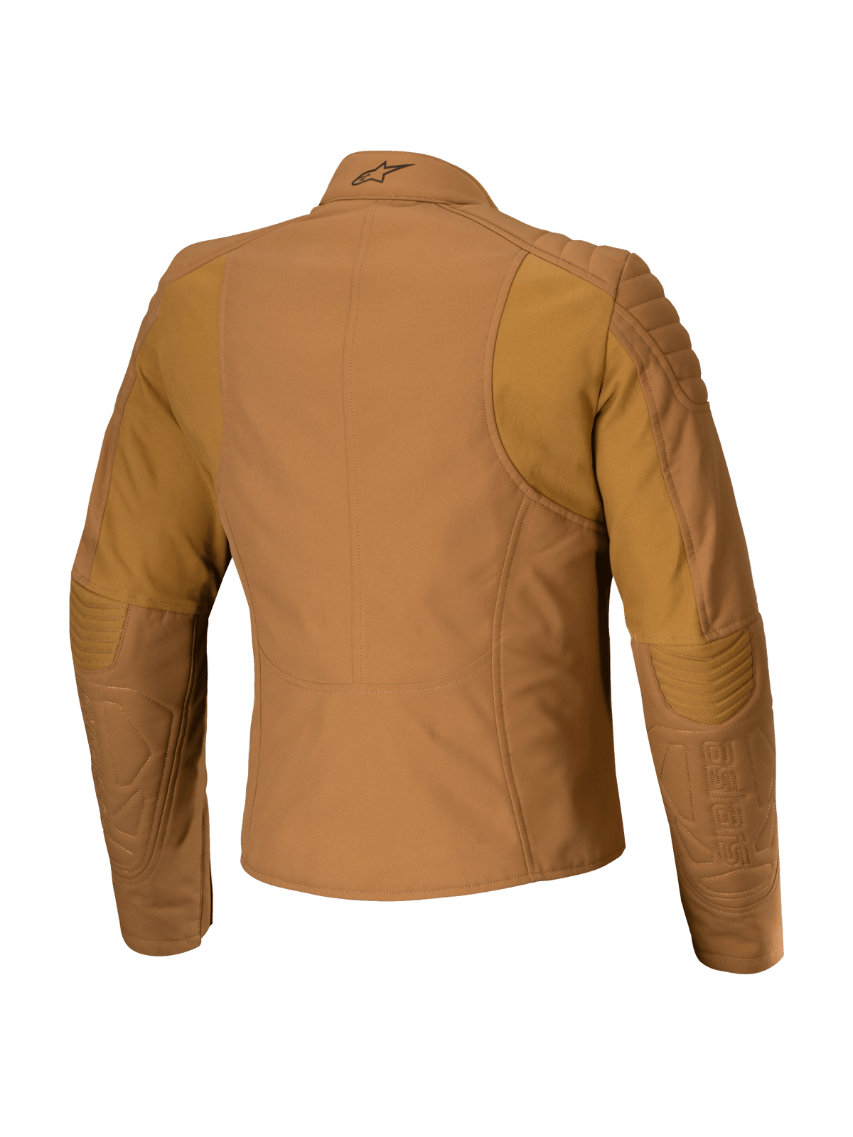 Alpinestars Isla WR damesjas, urban motorjas, Utility Brown Light Gold, achteraanzicht met gewatteerde schouder- en elleboogversteviging, getailleerde vrouwelijke pasvorm met ergonomische stretchpanelen, waterafstotend textiel met matte afwerking