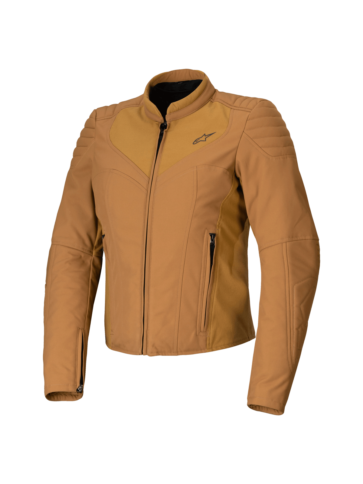 Alpinestars Isla WR damesjas, Utility Brown Light Gold, bruine dames motorjas, slanke getailleerde pasvorm, hoge biker kraag, gewatteerde schouderdetails, ritssluiting aan de voorzijde met zijzakken, technische stedelijke motoruitrusting
