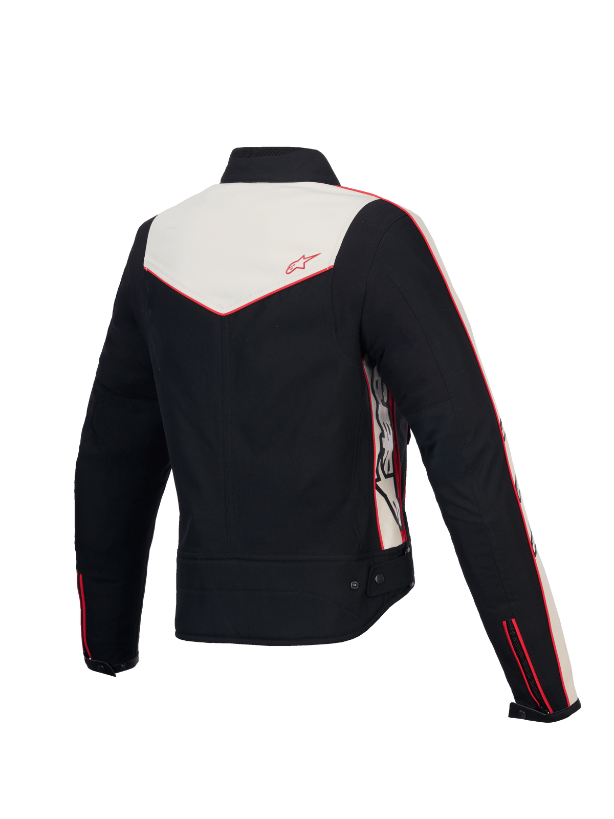Alpinestars Veste Résistant À L'Eau Stella T-Dyno, veste de moto textile pour femme, vue de dos montrant la coupe biker d'inspiration vintage, noire, écru et rouge vif, certifiée CE