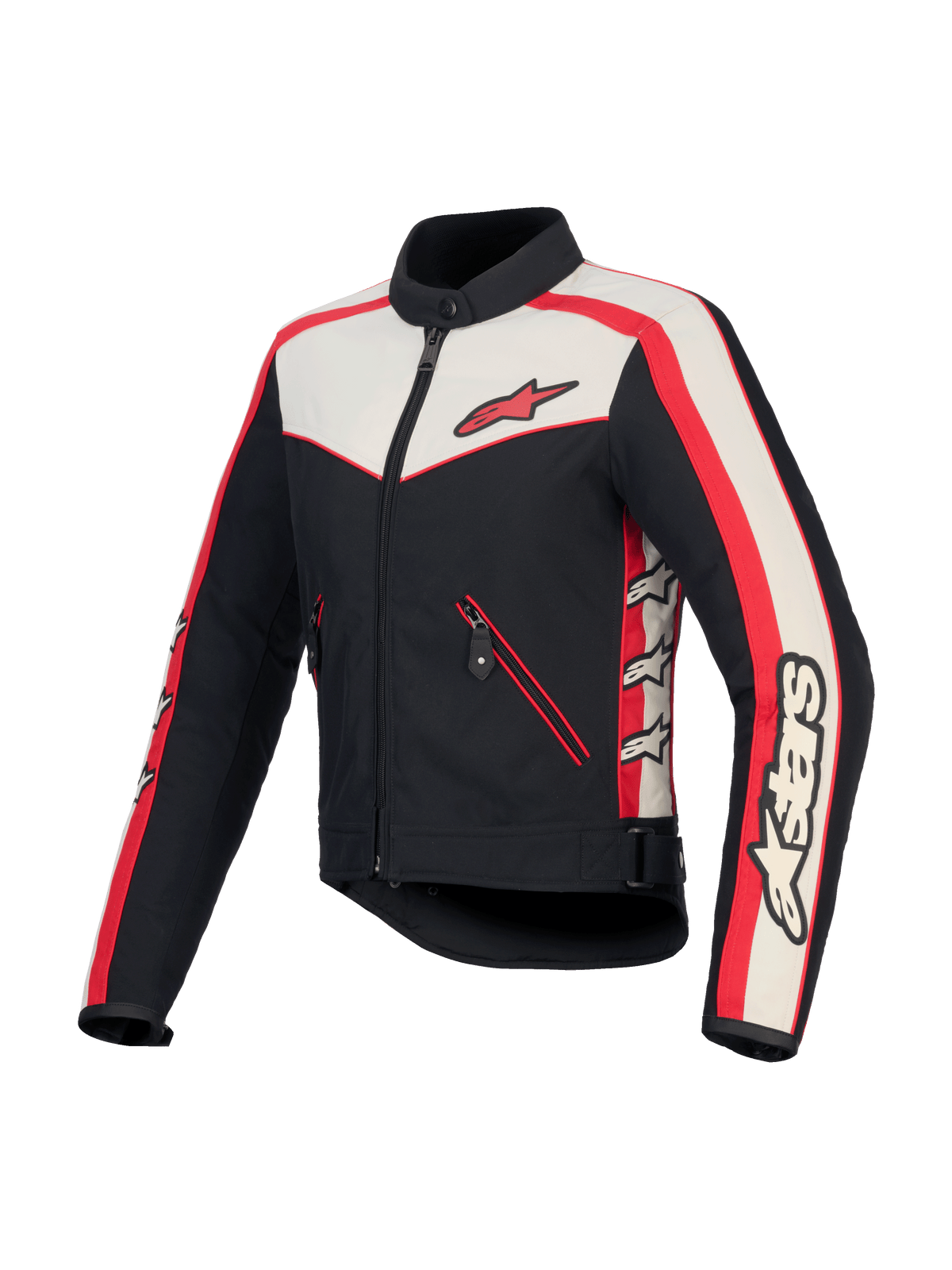 Alpinestars Stella T-Dyno WR, veste de moto pour femme, noire, écru et rouge vif, certifiée CE, avec coupe biker vintage et poches zippées