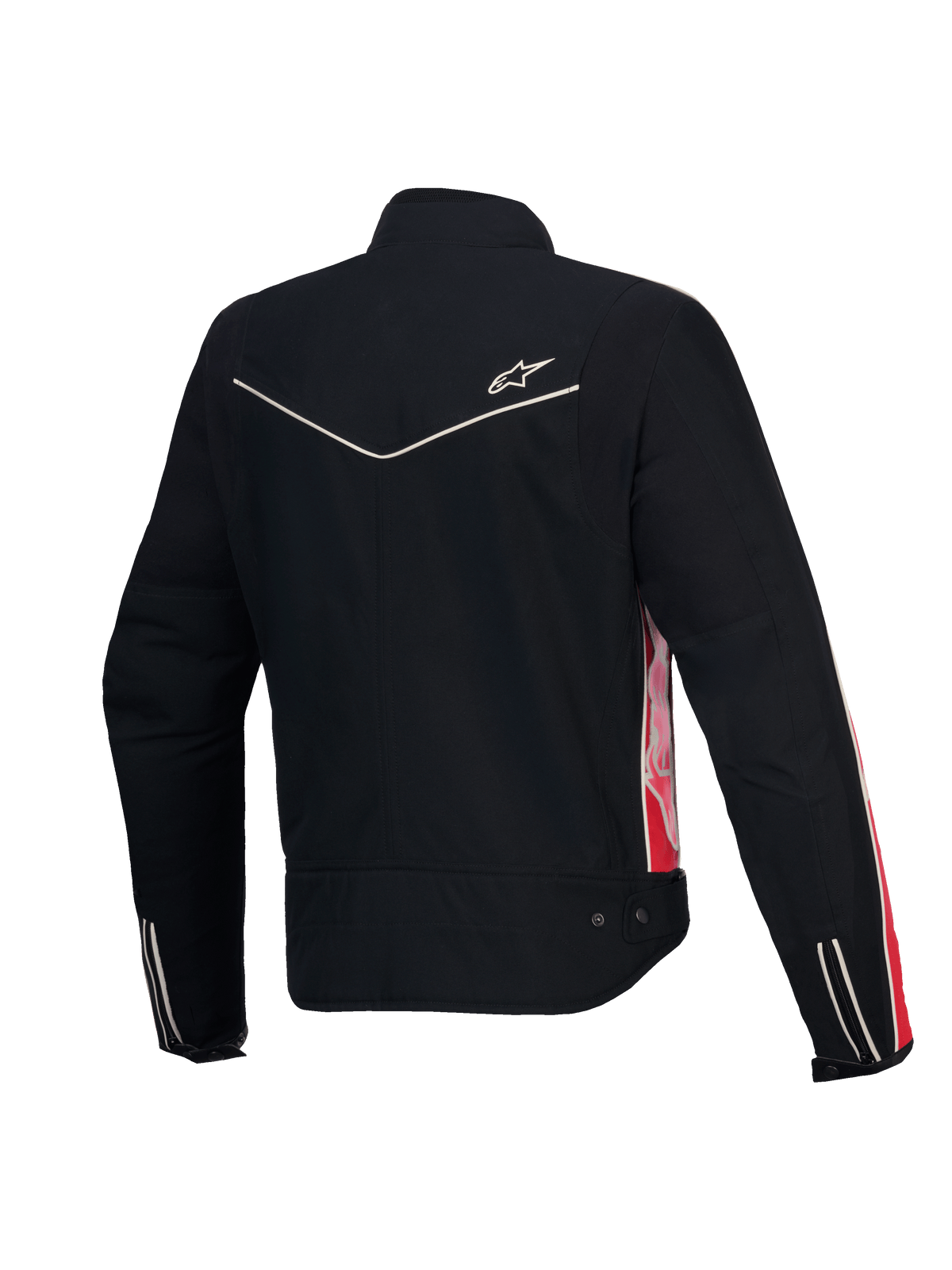 Alpinestars Stella T-Dyno Waterafstotend jas, dames motorjas, achteraanzicht in zwart met helderrode en fuchsia accenten, CE-gecertificeerd, vintage bikerpasvorm