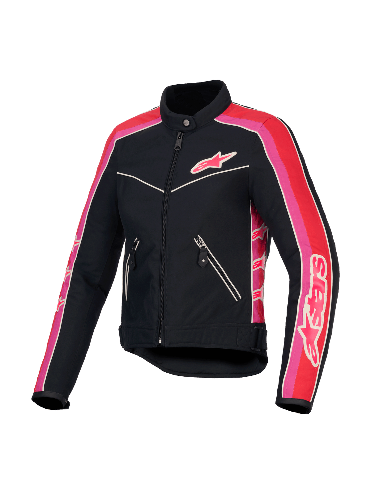 Alpinestars Stella T-Dyno waterafstotend damesmotorjas, zwart, felrood en fuchsia, CE-gecertificeerd met vintage bikerfit en waterbestendige constructie