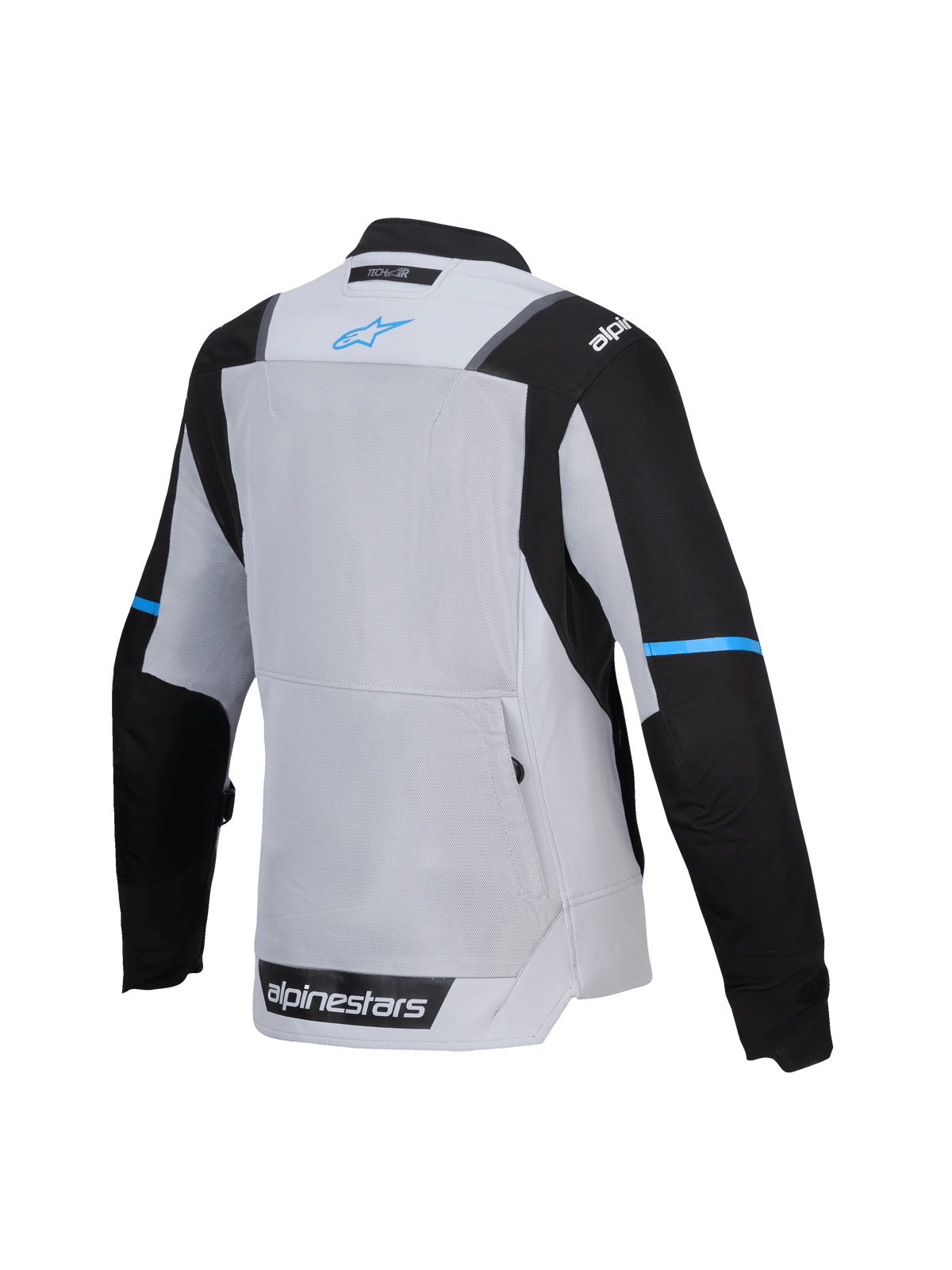 Alpinestars Stella ST-2 Air Jas, damestextielmotorjas voor touring, achteraanzicht met mesh ventilatiepaneel en achterzak, ijsgrijs en zwart met blauwe branding, CE-gecertificeerd level AA, Tech-Air ready