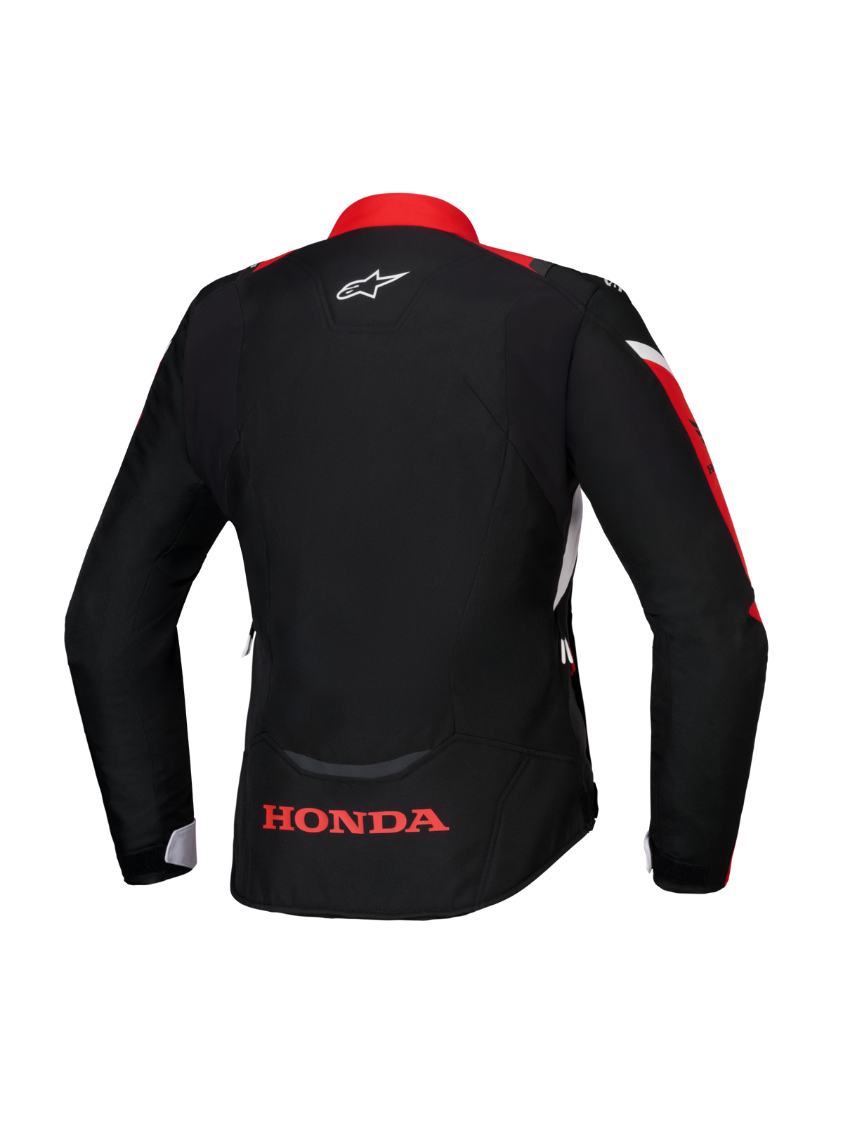 Veste Alpinestars Honda Stella T-Jaws V4 WP, vue arrière, noire avec accents rouge vif et blancs, logo Honda rouge sur le bas du dos et logo Alpinestars blanc sur la nuque, veste textile imperméable de coupe sport pour femme