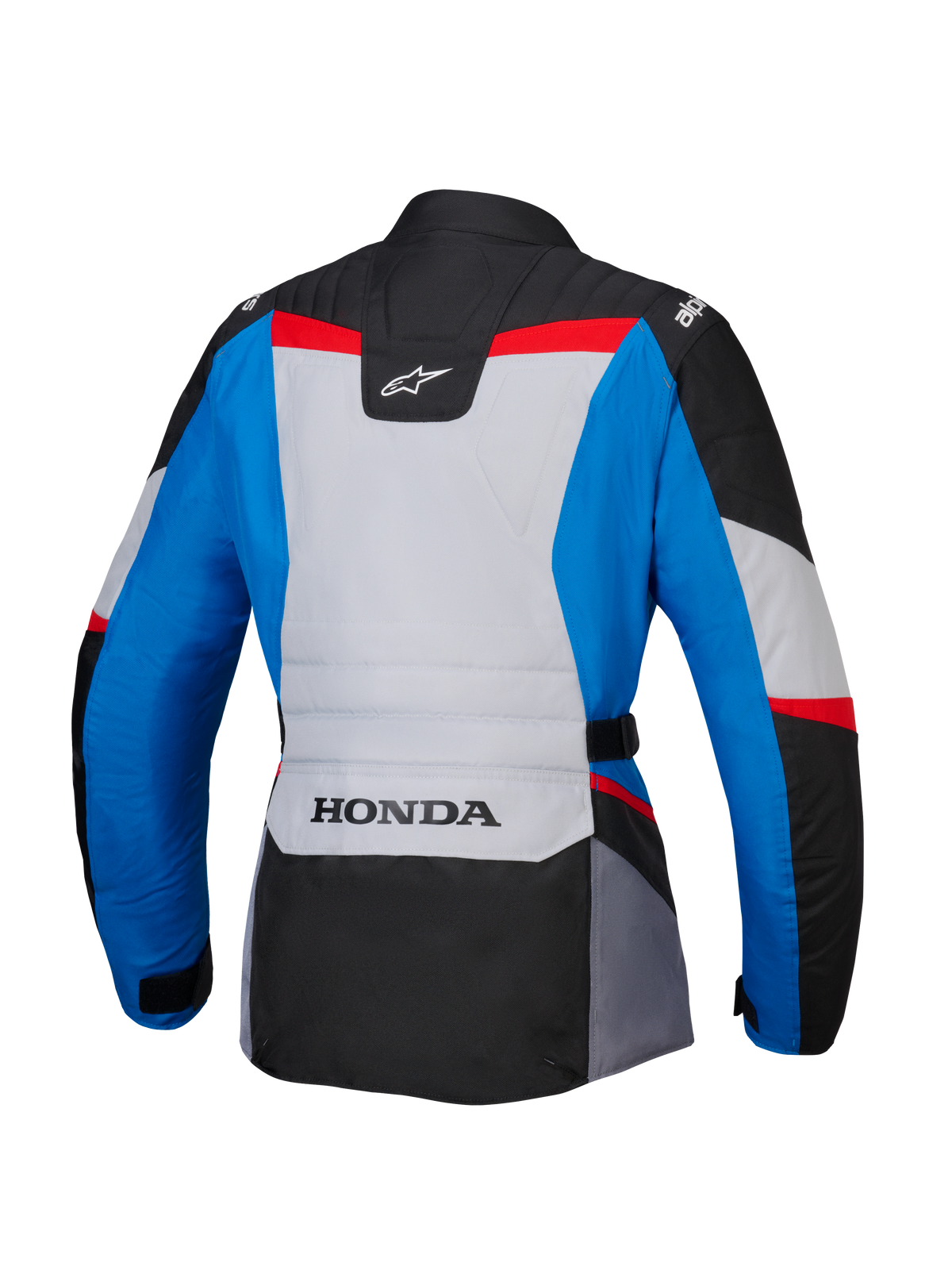 Veste Alpinestars Honda Stella ST-1 WP pour femme, vue de dos, veste de moto adventure touring en bleu, gris glacier et noir avec des accents rouges, logo HONDA sur le bas du dos et logos Alpinestars sur les épaules et le haut du dos.