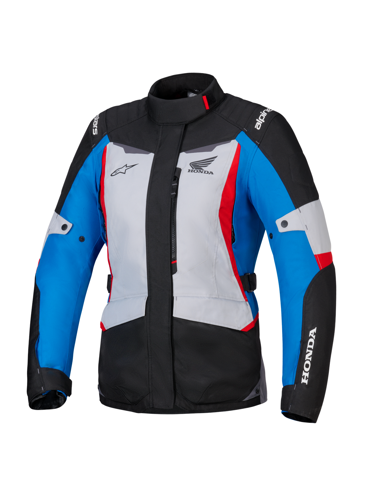 Veste Alpinestars Honda Stella ST-1 WP pour femme, veste de moto imperméable, gris glacé, bleu et noir avec accents rouges, col haut et fermeture éclair frontale, logos Honda et Alpinestars sur la poitrine et les manches, veste de touring d'aventure textile durable