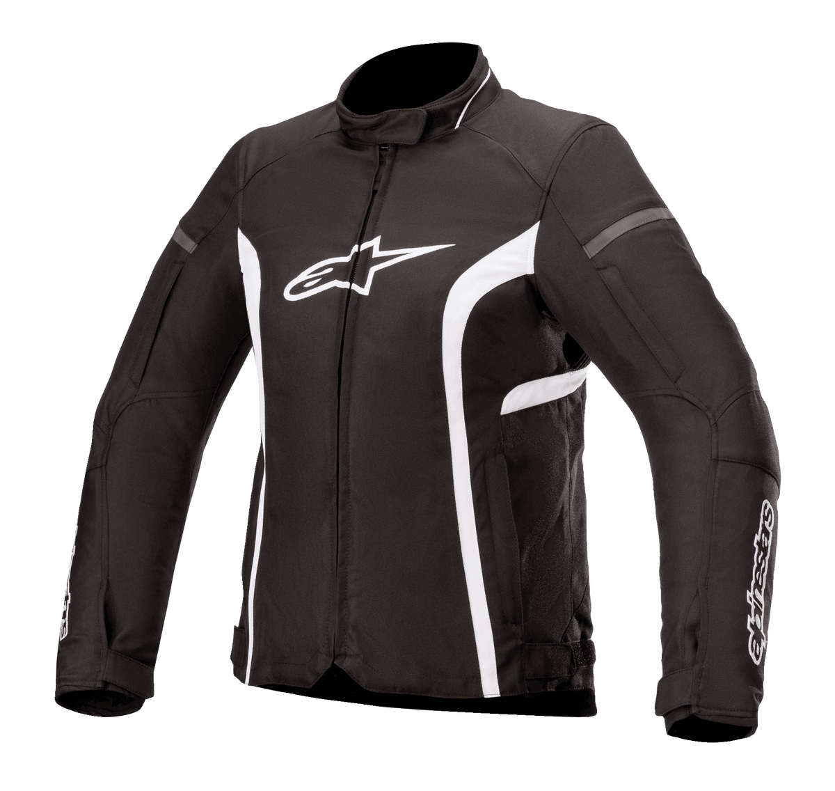 Alpinestars Stella T-Kira V2 Waterproof motorjas, textiel damesjas, zwart en wit, met een hoge kraag, centrale ritssluiting, wit logo op de borst en gebogen witte strepen aan de zijkanten, sportief ontwerp voor op de weg