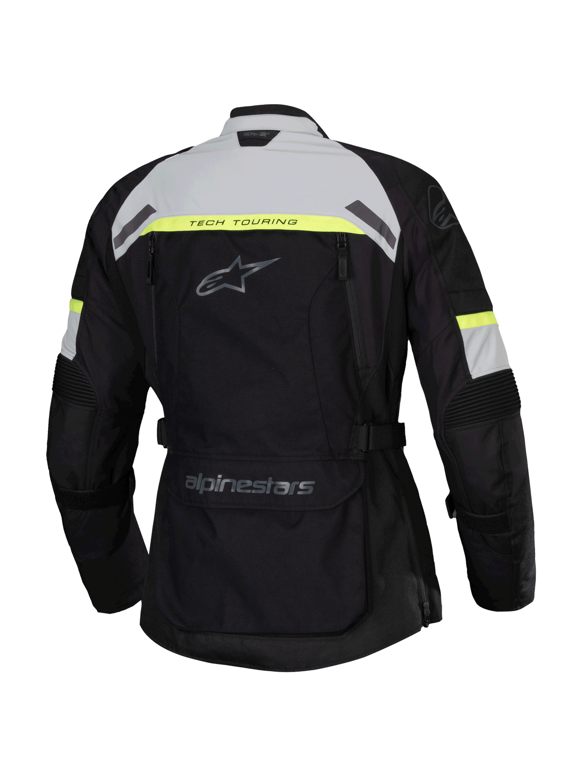 Alpinestars Stella Bogota' Pro Drystar® Jacke, Rückansicht, Schwarz mit eisgrauen und neongelben Akzenten, Damen-Adventure-Tourenmotorradjacke mit Tech-Touring-Branding und großer Funktionstasche am unteren Rücken