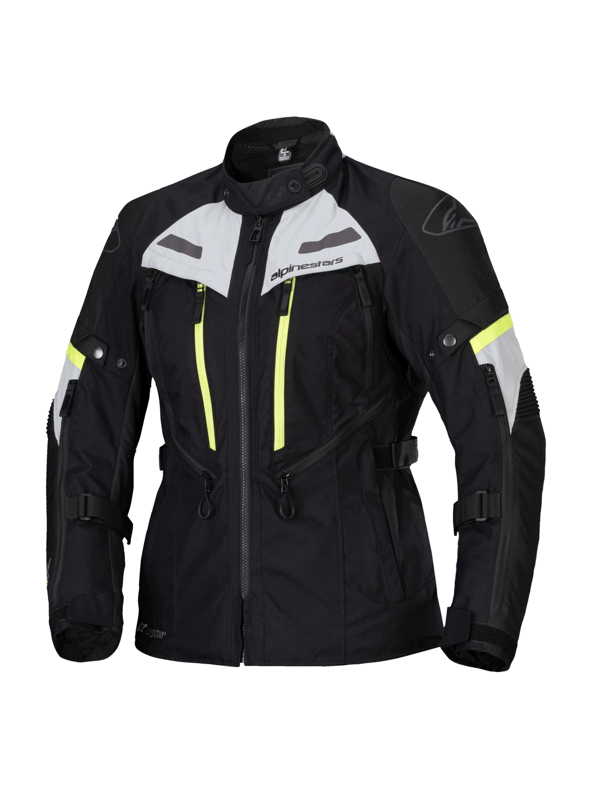 Alpinestars Stella Bogota Pro Drystar Jacke, Damen-Motorrad-Tourenjacke, Schwarz mit Ice Gray und Yellow Fluo Akzenten, wasserdichte und atmungsaktive Textilkonstruktion, umfangreiche Belüftungsreißverschlüsse und verstellbare Riemen für Adventure-Fahrten