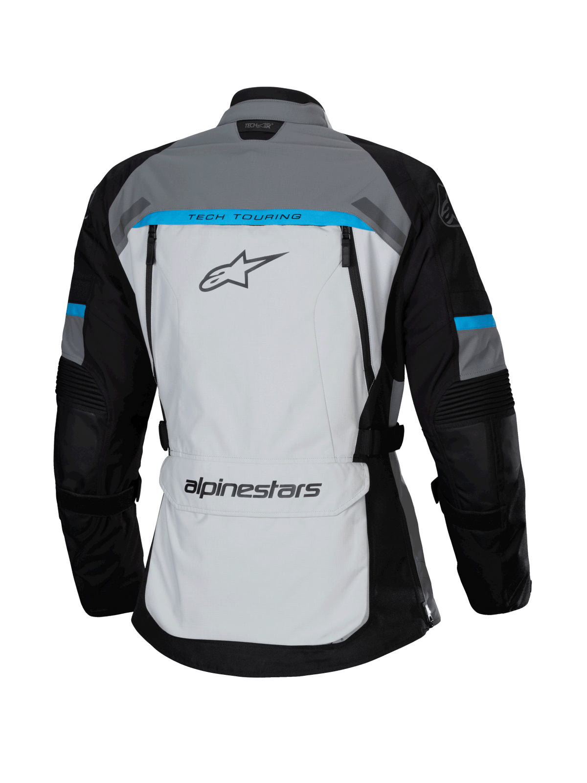 Veste Alpinestars Stella Bogotá Pro Drystar®, gris, noir et cyan, vue arrière présentant un large panneau gris clair avec le marquage « TECH TOURING », manches noires avec accents cyan et poche de rangement dans le bas du dos.