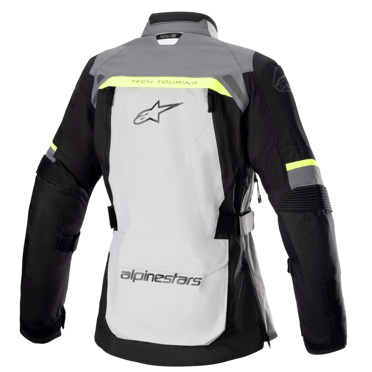 Alpinestars Stella Bogotá Pro Drystar® Damenjacke, Rückansicht, Eisgrau und Dunkelgrau mit neongelben Akzenten, großes Logo auf dem Rücken, „Tech Touring“-Schriftzug, vertikale Belüftungsreißverschlüsse, verstärkte Akkordeon-Einsätze an den Ellbogen.