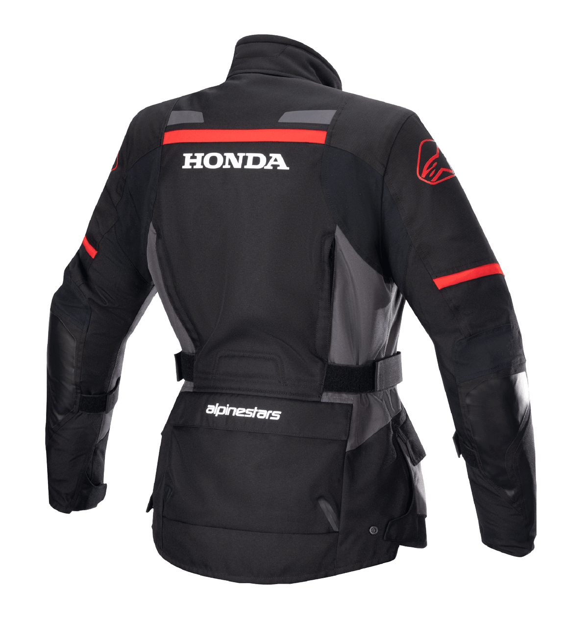 Veste Alpinestars Stella Honda Andes V3 Drystar® pour femme, veste de moto aventure, noir, gris goudron et rouge vif, vue arrière avec logo HONDA blanc et graphismes Alpinestars rouges, construction textile imperméable avec taille ajustable et poches utilitaires