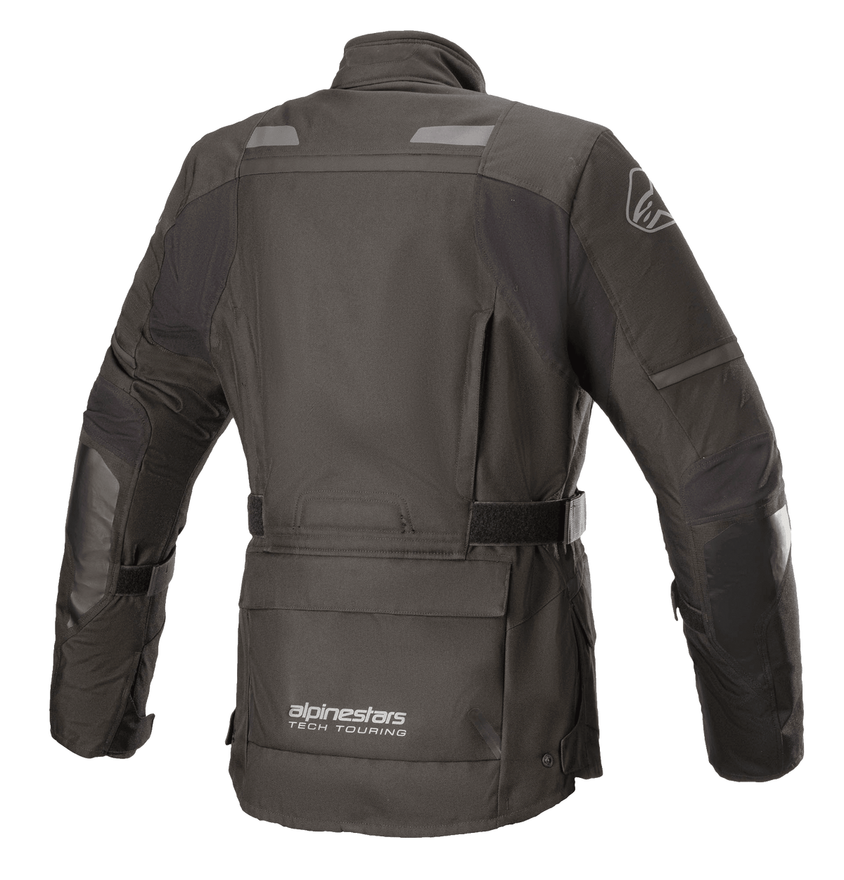 Veste Femme Alpinestars Stella Andes V3 Drystar®, noir et gris foncé, vue arrière présentant une construction textile imperméable, une grande poche utilitaire sur le bas du dos, une sangle de taille réglable et des accents de sécurité réfléchissants.