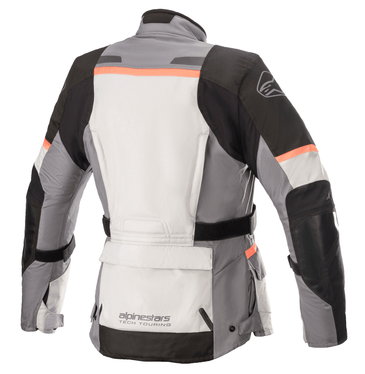Alpinestars Stella Andes V3 Drystar® damesjas, motorjas, Ice Gray, Dark Gray, zwart en koraalrood, achteraanzicht met een grote opbergzak op de onderrug, verstelbare tailleband en koraalrode accenten op de schouders en rug.