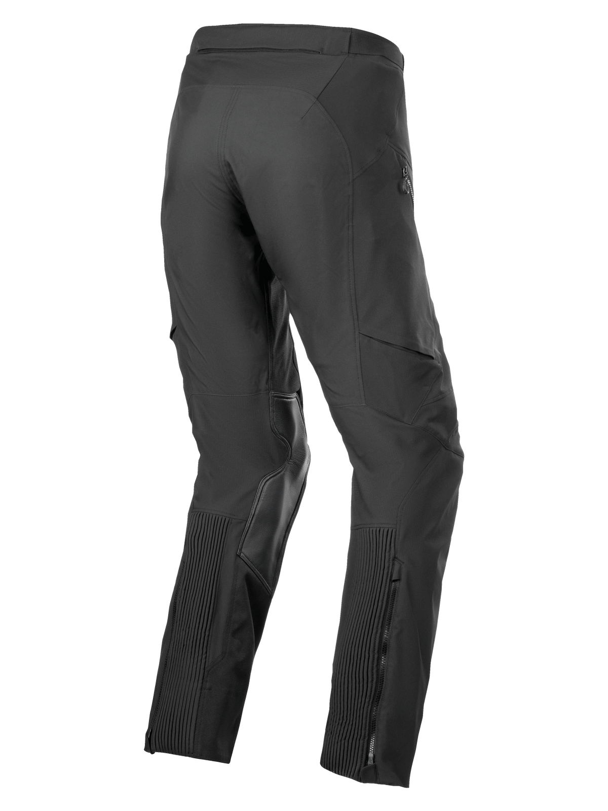 Alpinestars AMT-8 Stretch Drystar® XF Pants, Adventure Touring Motorcycle Pants, Black, 3/4 rear view featuring accordion stretch panels on the calves, goat leather inner knee reinforcements, and zippered leg entry.