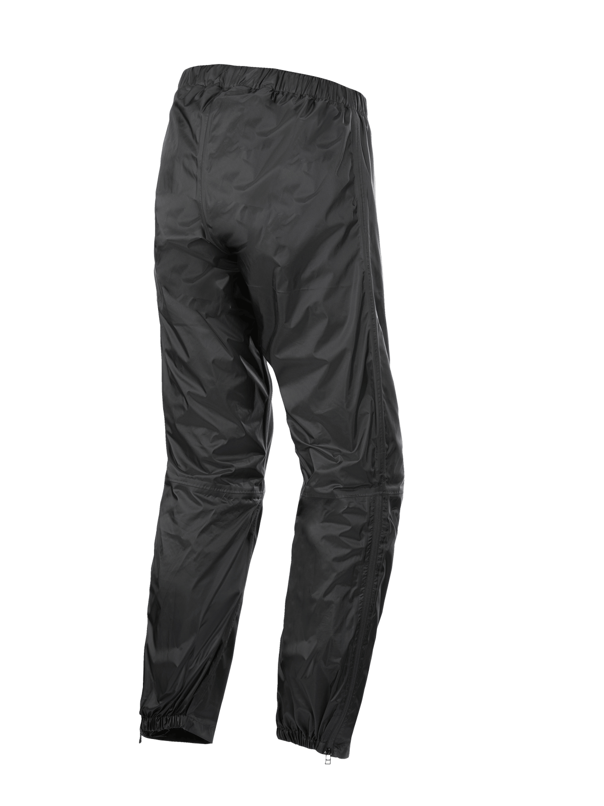 Alpinestars Hurricane Rain V2-broek, waterdichte motoroverbroek, zwart, achteraanzicht met elastische tailleband en manchetten, lichtgewicht windbestendige gelamineerde stof met ritsen aan de onderbenen voor gemakkelijke toegang tot laarzen, beschermende kleding voor road- en adventure-touring