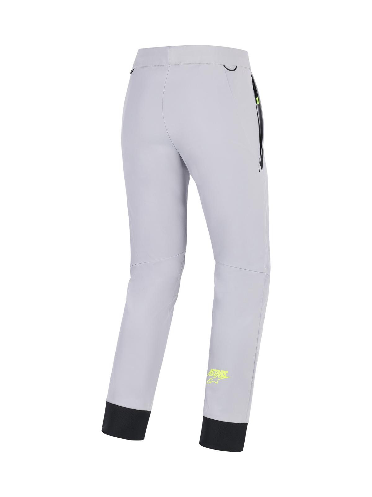 Alpinestars Aeroshell Broek, CE-gecertificeerde crossover motor softshell broek voor heren, mid grijs met geel fluo accenten, achteraanzicht met stretchconstructie, elastische onderzoom en zakdetails
