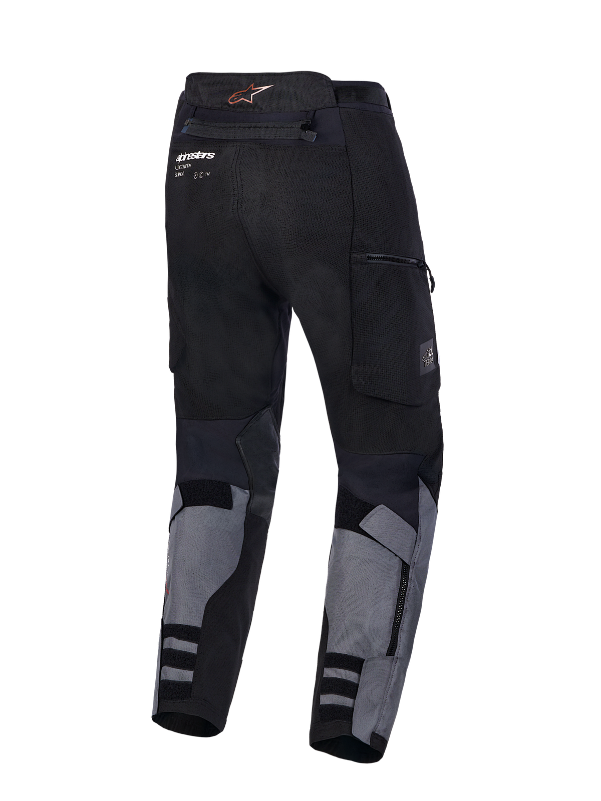 Alpinestars Harok V 2 Drystar Hose, Adventure-Motorradhose, Dunkelgrau und Schwarz, Rückansicht mit strapazierfähiger Textilkonstruktion und Cargotaschen