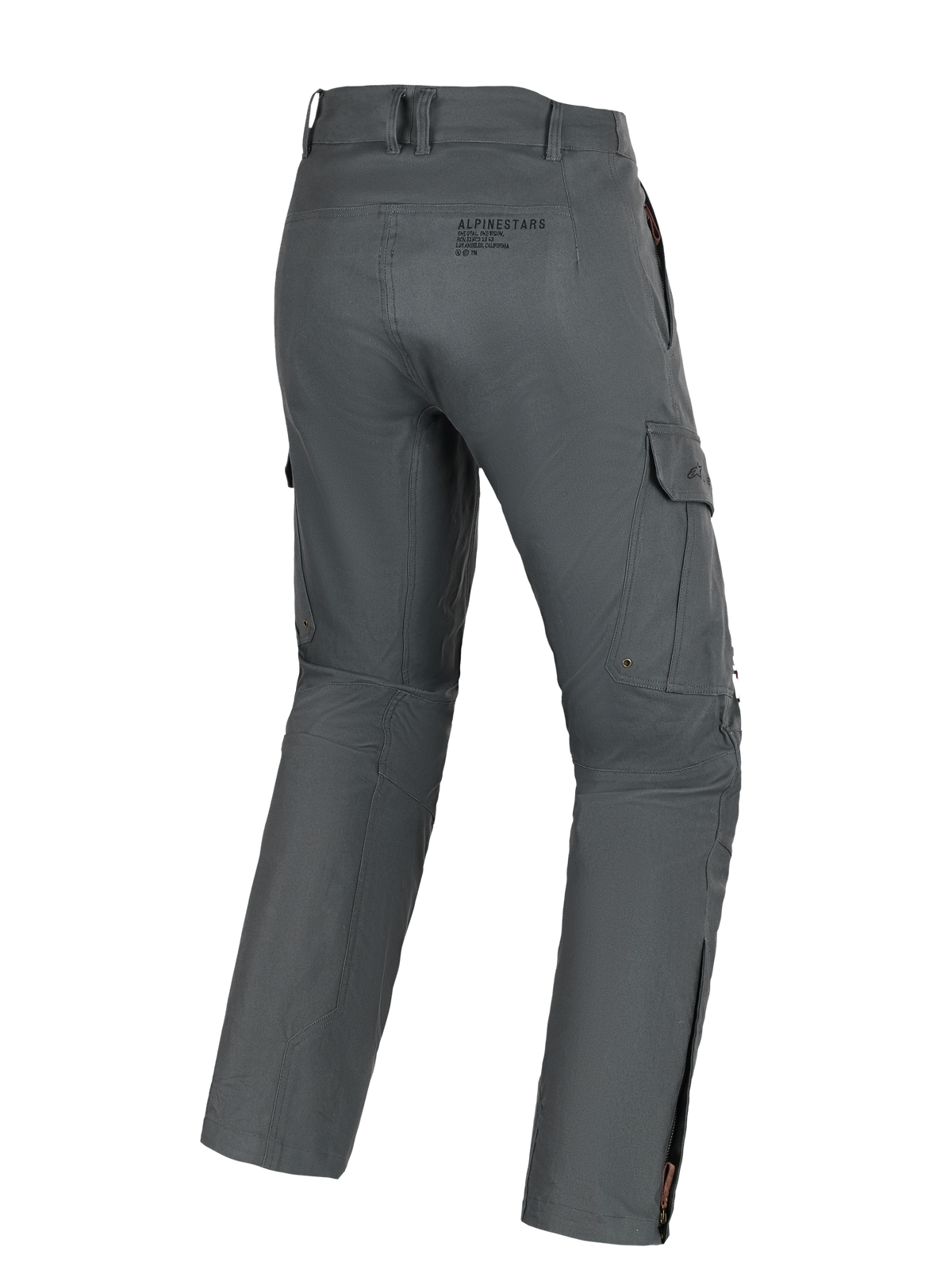 Pantalon Alpinestars Borrego Drystar®, pantalon de moto aventure, gris anthracite, vue arrière montrant les poches cargo, le logo à l'arrière et les fermetures éclair aux mollets, matériau textile durable avec un aspect toile cirée
