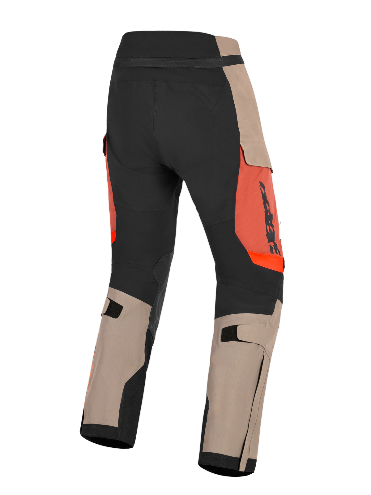 Alpinestars Halo Pro Drystar® XF Gelamineerde Broek, Walnut Rust en Zwart, achteraanzicht van adventure motorbroek, met walnut tan en zwarte panelen met rust oranje accenten, verstelbare kuitbanden en duurzame constructie voor rijden op alle terreinen.