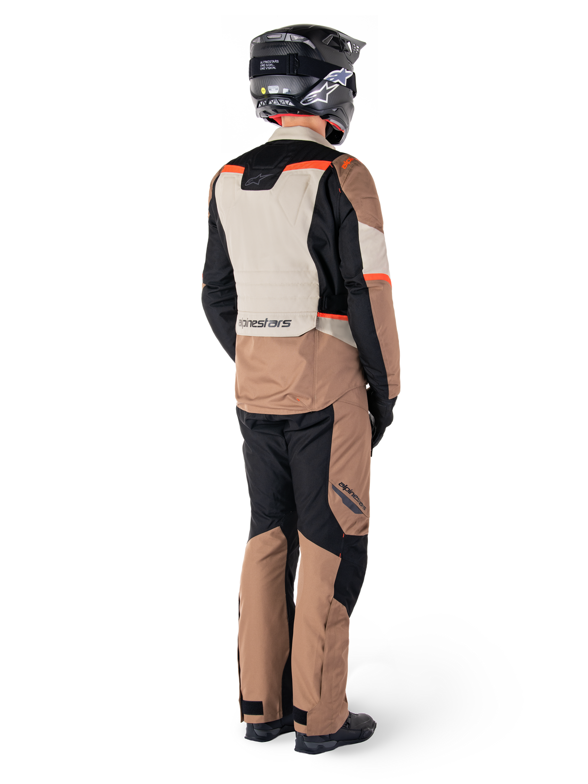 Alpinestars ST-1 Waterproof Pants, Dark Khaki Sand Black Red Fluo, adventure touring motorcycle gear seen from the back, worn with matching jacket, black helmet, and boots, durable textile construction with red accents