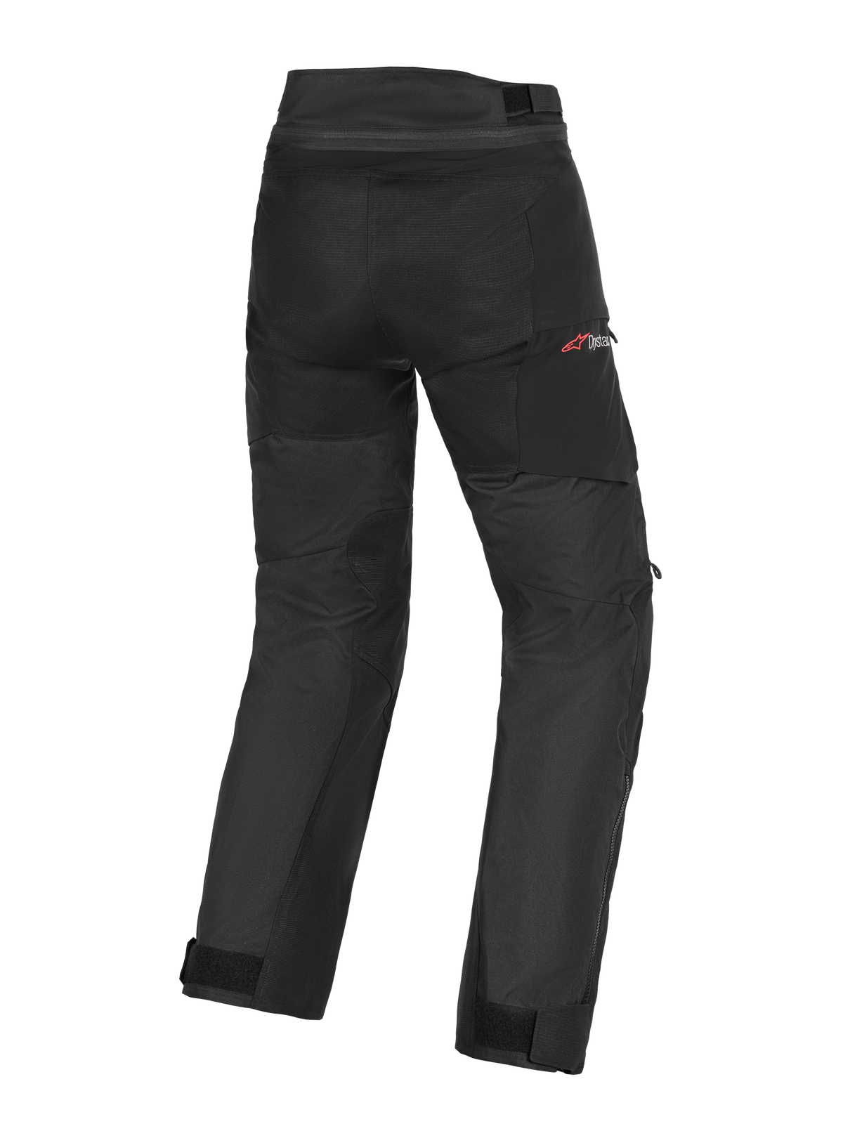 Alpinestars Andes V4 Drystar® Hose - Lang, schwarze Motorrad-Adventure-Tourenhose, Rückansicht mit strapazierfähigem Textil-Chassis, verstellbaren Knöchelriemen und dezentem roten Drystar-Branding