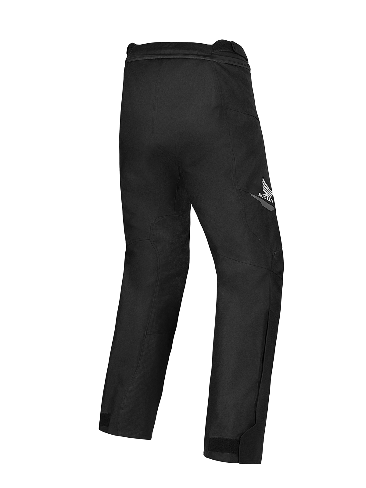 Alpinestars Honda ST-1 Waterproof broek, motor touringbroek, zwart, achteraanzicht met Honda-vleugellogo op de dij, gestroomlijnd textielontwerp met ergonomische mobiliteit en verbindingsrits in de taille.