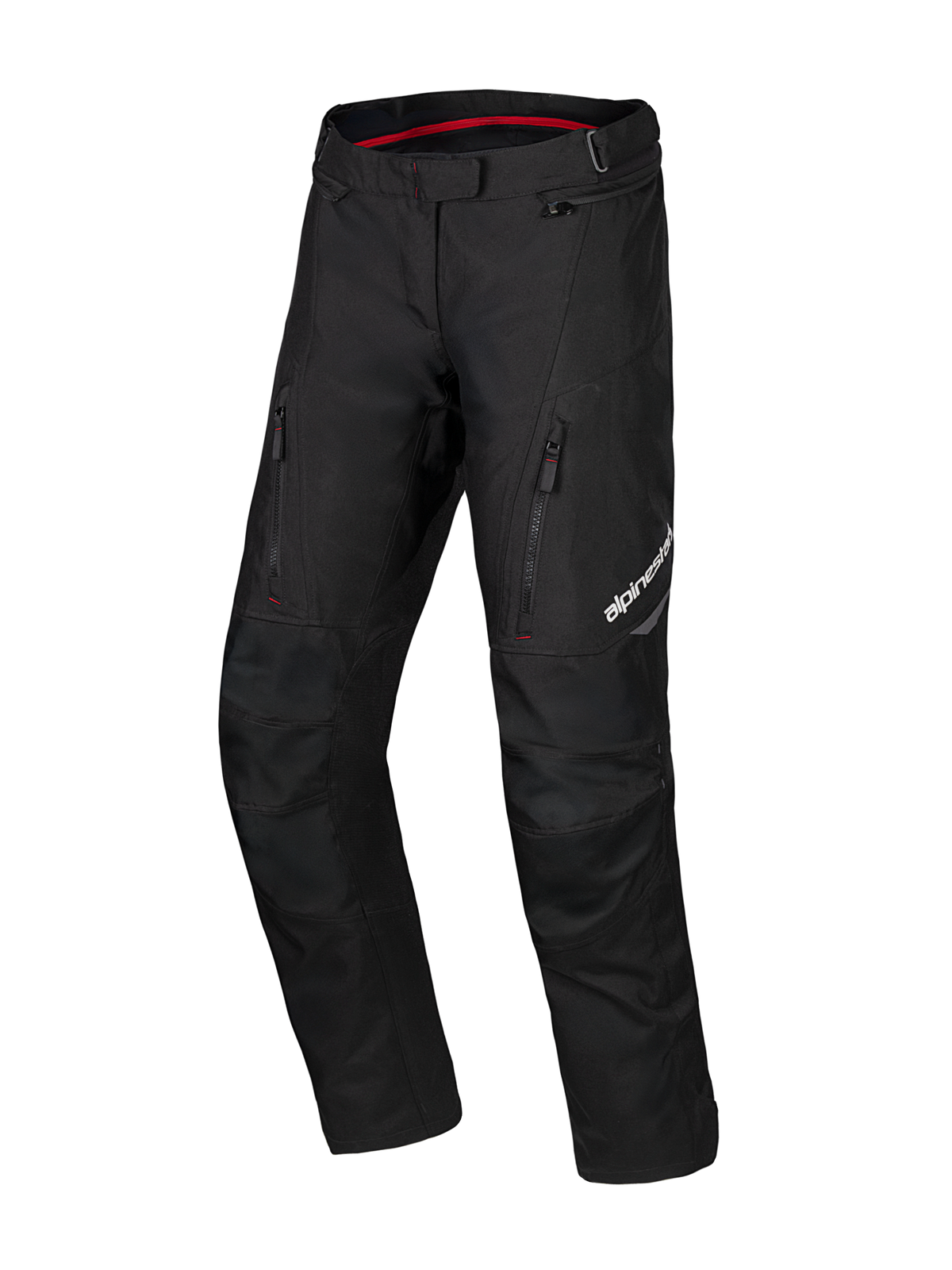 Alpinestars Honda ST-1 Waterproof Pants, Motorcycle Touring Pants, Black with red interior detail, zippered cargo pockets on thighs, ergonomic pre-curved legs with reinforced knees, textile waterproof adventure gear