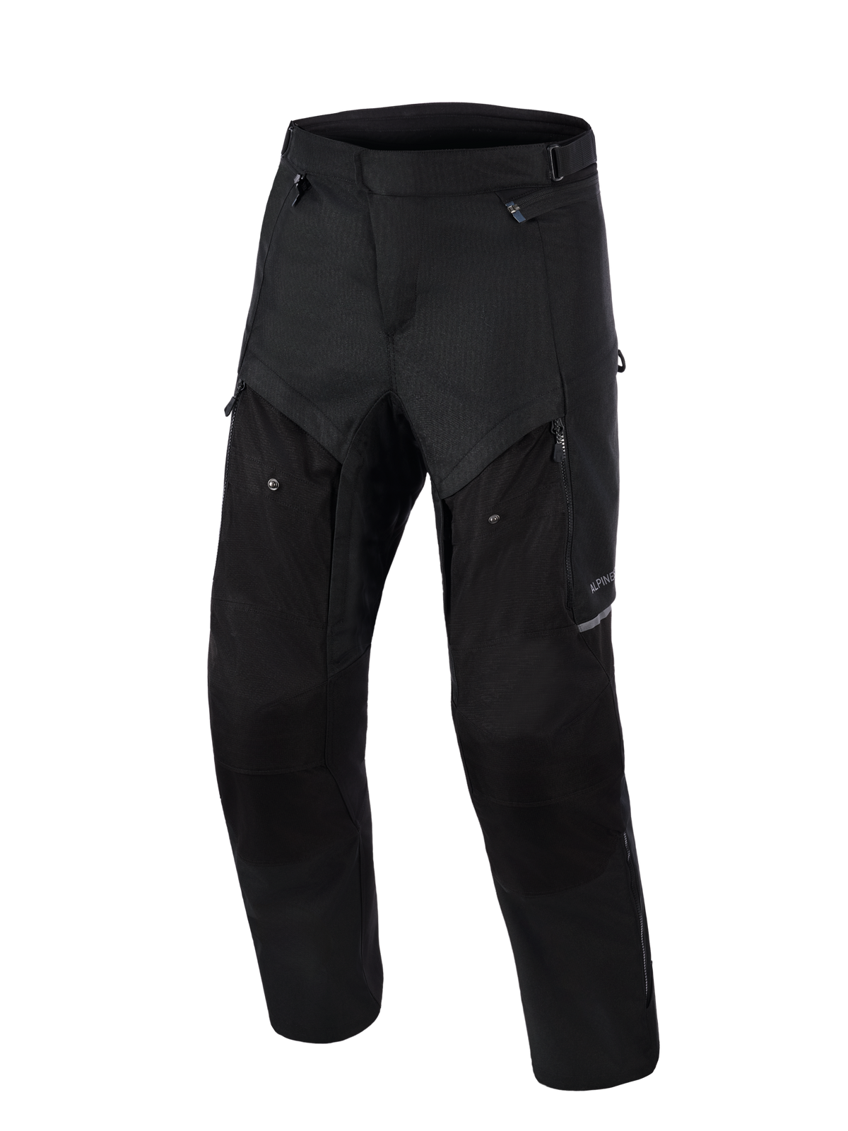 Alpinestars Cusco Drystar® Hose, Adventure-Motorradhose, Schwarz, Vorderansicht, mit Belüftungspaneelen mit Reißverschluss an den Oberschenkeln, strapazierfähiger Ripstop-Textilkonstruktion und ergonomischem Design für Straßen- und Adventure-Touren