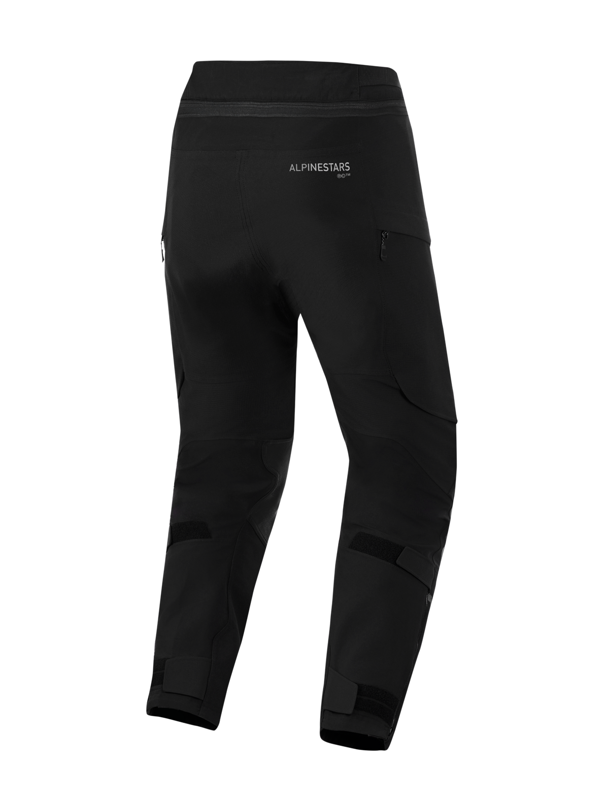 Alpinestars Andes Pro Drystar® XF - Court, pantalon de moto noir, vue arrière avec logo Alpinestars, sangles velcro réglables aux mollets et aux chevilles, aérations zippées et construction textile durable pour le touring d'aventure.