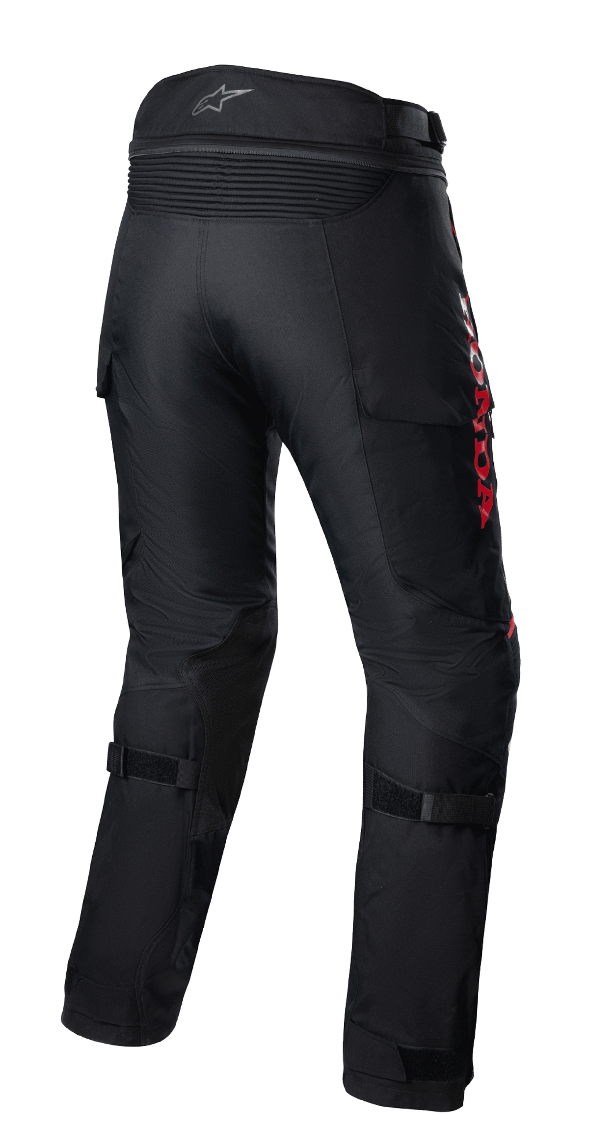 Alpinestars Honda Bogota' Pro Drystar® broek, adventure motorbroek, zwart met rode HONDA-branding, achteraanzicht met accordeon stretchpanelen bij de taille, verstelbare bandjes op de kuiten en duurzame textielconstructie voor multi-seizoen adventure ritten.