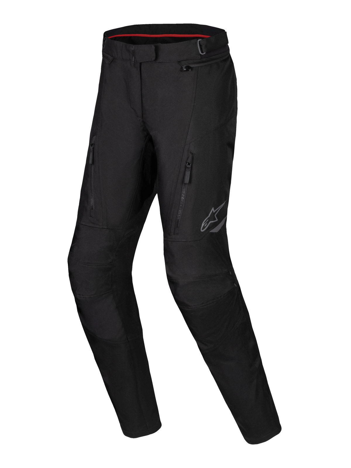 Alpinestars Stella ST-1 waterdichte broek, dames adventure touring motorbroek, zwart, met voorzakken met rits, versterkte kniepanelen en reflecterend Alpinestars-logo op het bovenbeen, waterdichte textielconstructie met voorgevormde broekspijpen