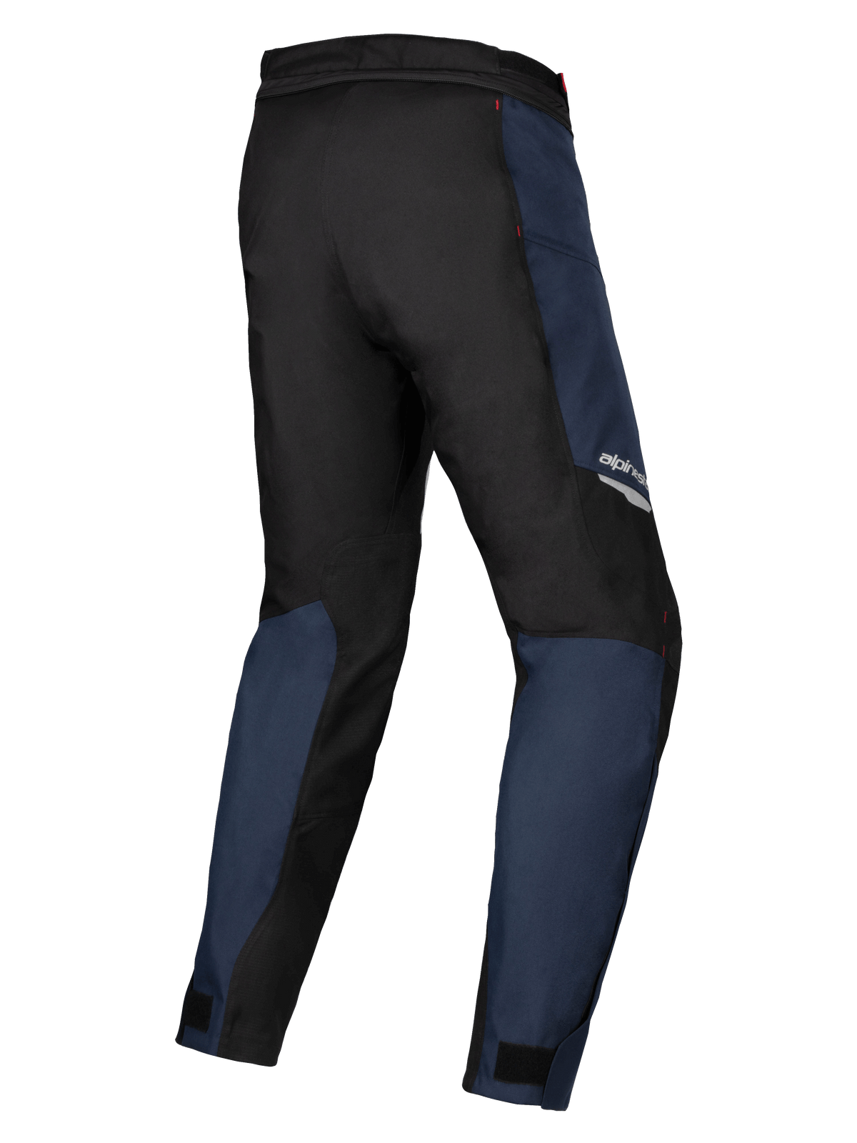 Alpinestars Stella ST-1 Waterproof Pants, textile bleu foncé et noir avec accents rouge vif, vue de trois-quarts arrière soulignant la construction durable et la coupe ergonomique pour l'adventure touring féminin.