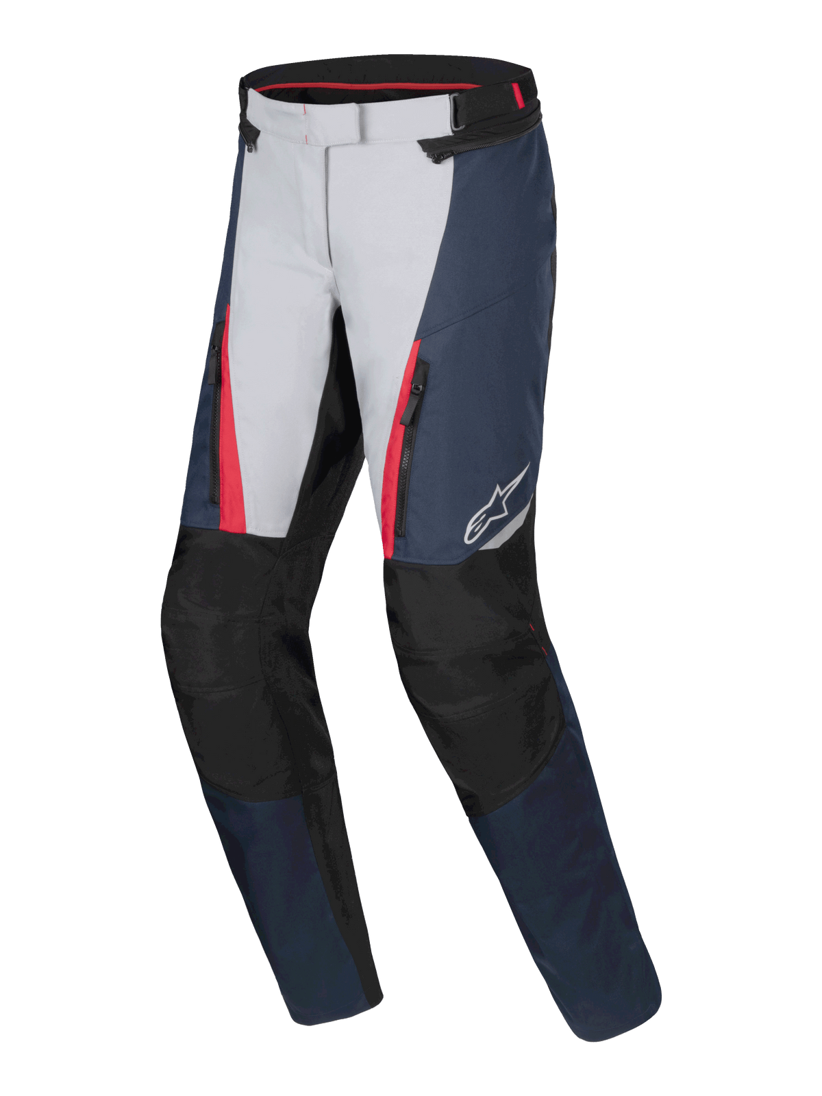 Alpinestars Stella ST-1 Waterproof Pants, pantalon de touring moto pour femme, bleu marine, noir et rouge vif avec empiècements gris clair, poches avant zippées, protection renforcée aux genoux et design ergonomique pour rouler par tous les temps